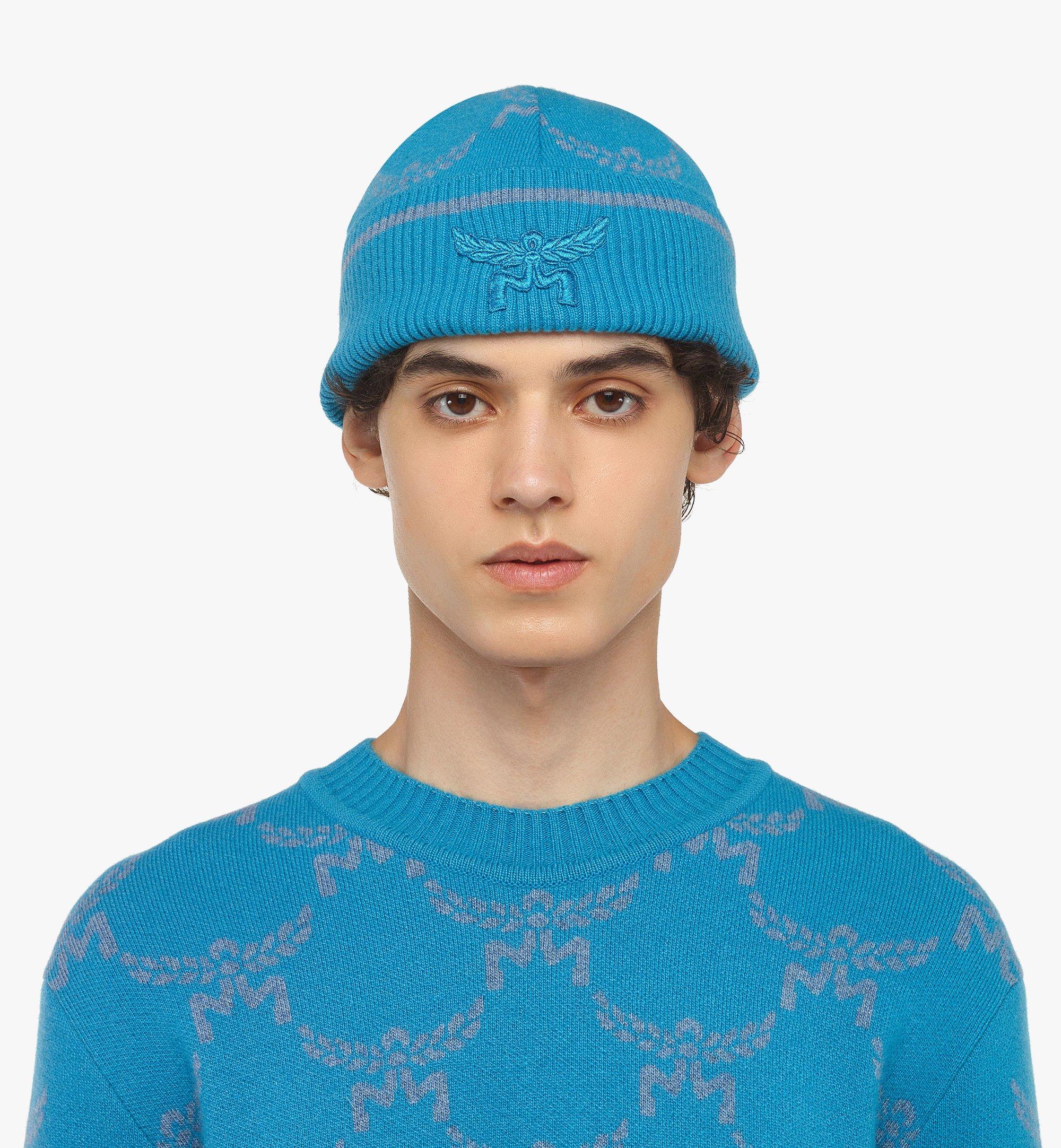 MCM Lauretos Beanie in Wool and Recycled Cashmere Blue MEHEAMM03E4001 Alternate View 2