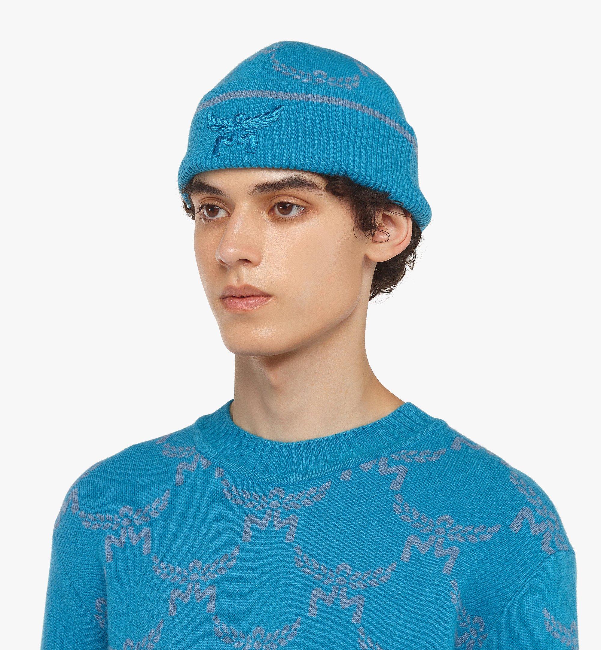 MCM Lauretos Beanie in Wool and Recycled Cashmere Blue MEHEAMM03E4001 Alternate View 2