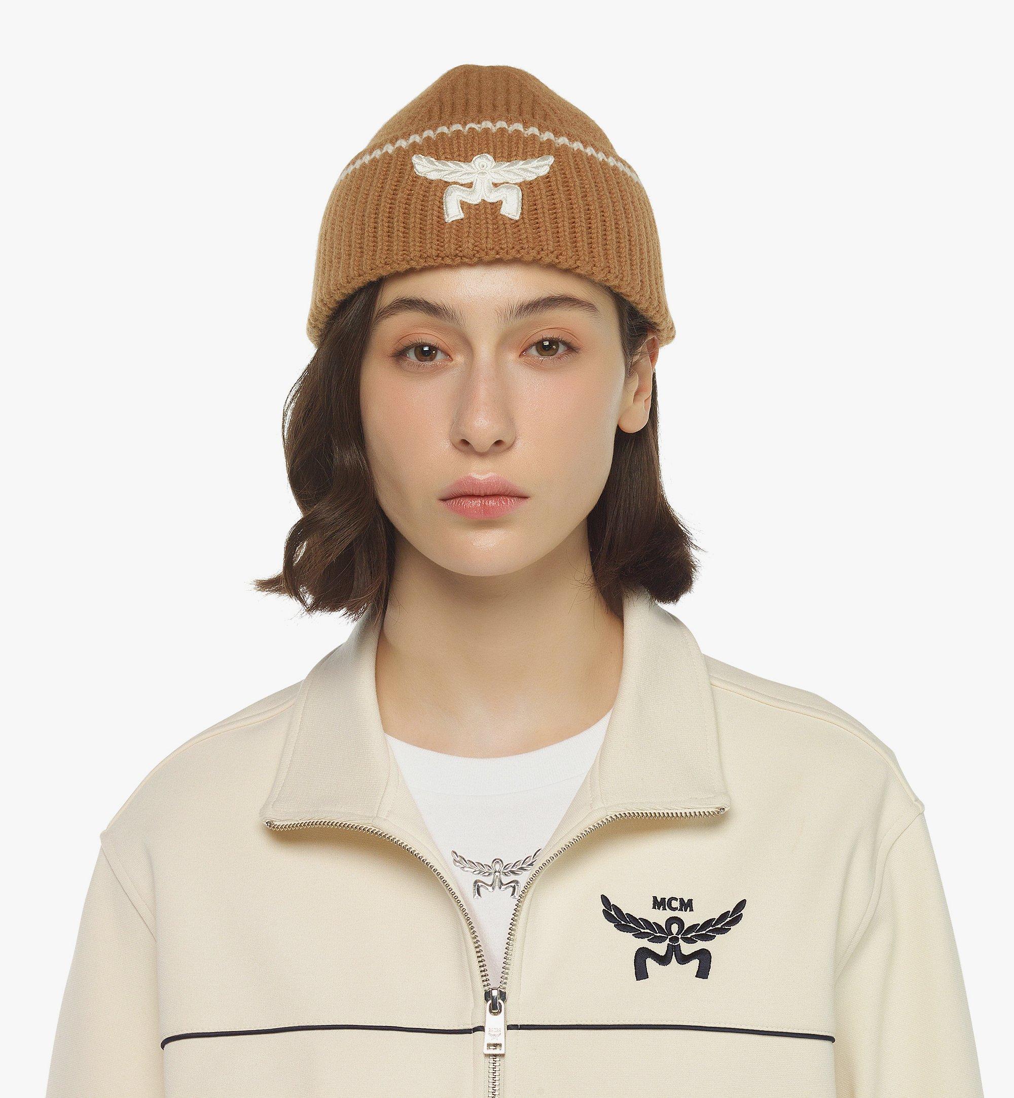 MCM Logo Beanie in Wool and Recycled Cashmere Cognac MEHESMM04CO001 Alternate View 3