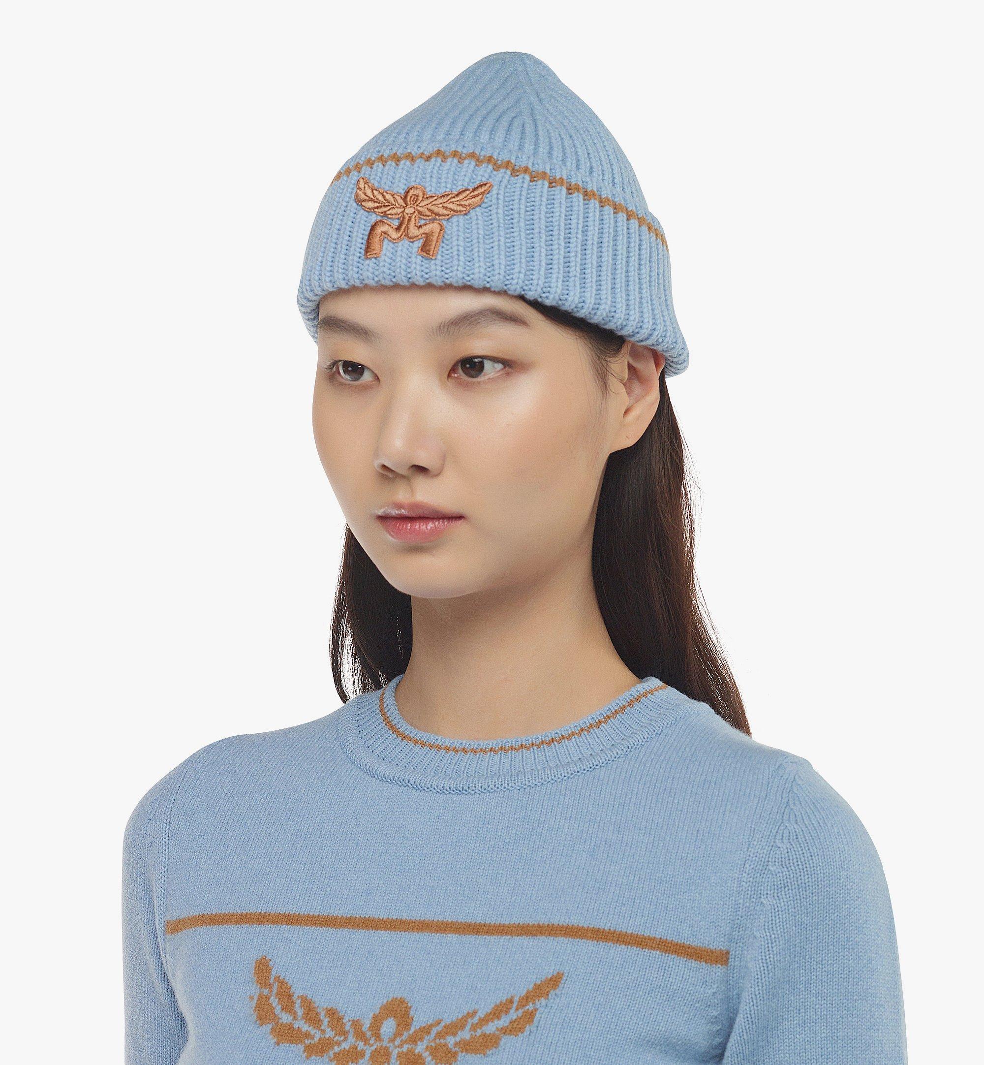 MCM Logo Beanie in Wool and Recycled Cashmere Blue MEHESMM04L9001 Alternate View 2