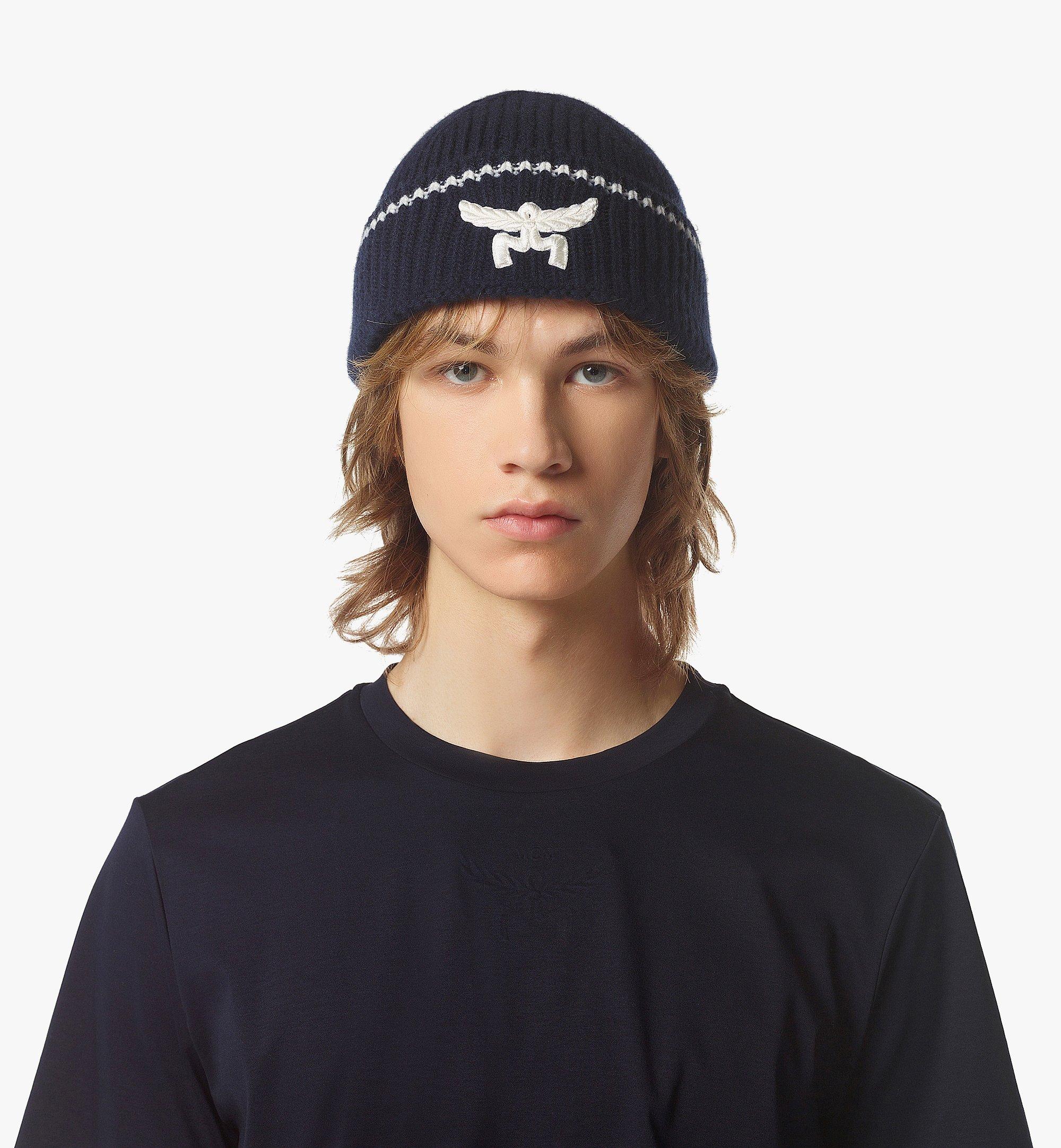 MCM Logo Beanie in Wool and Recycled Cashmere Blue MEHESMM04VC001 Alternate View 2