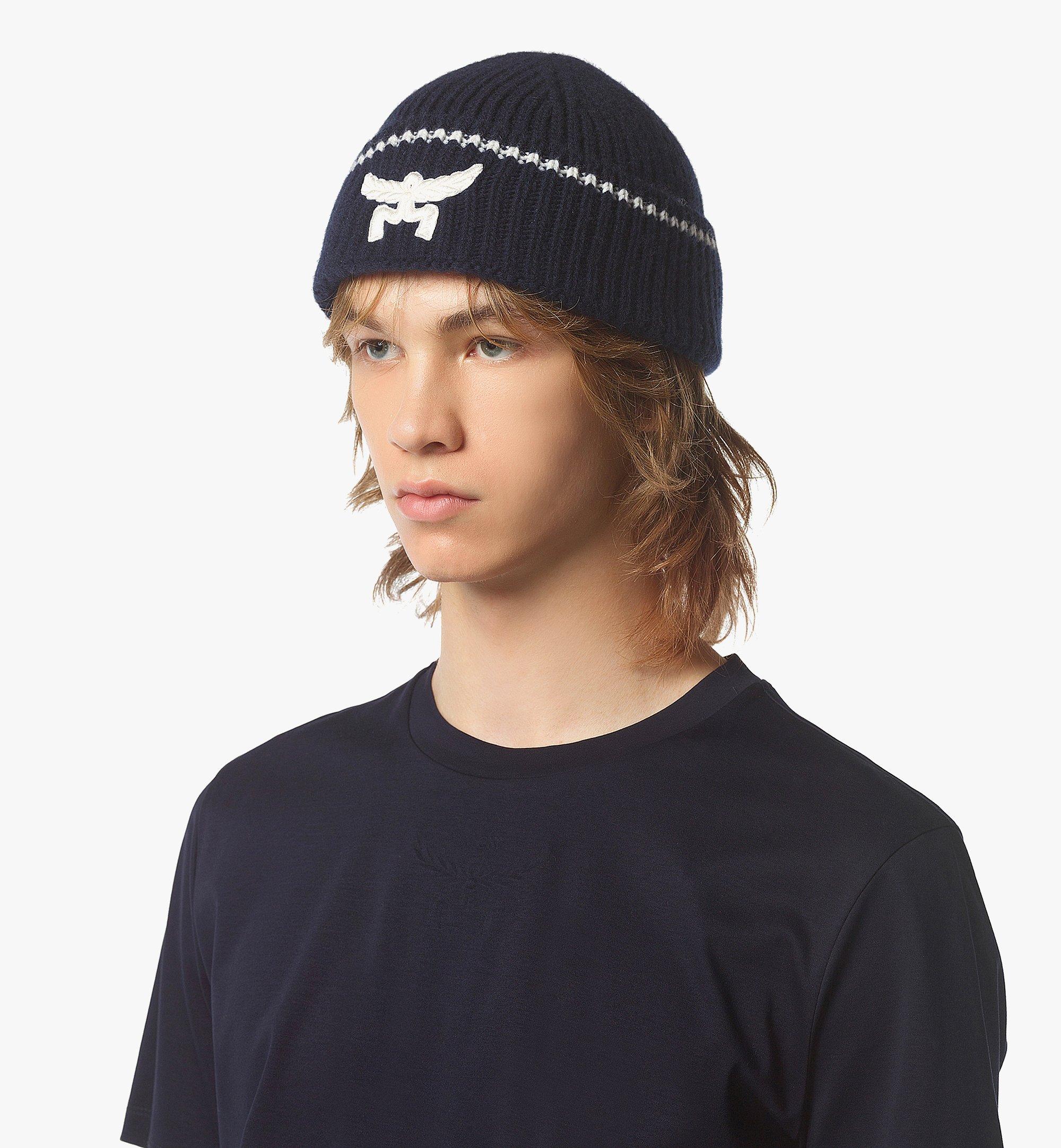 MCM Logo Beanie in Wool and Recycled Cashmere Blue MEHESMM04VC001 Alternate View 2