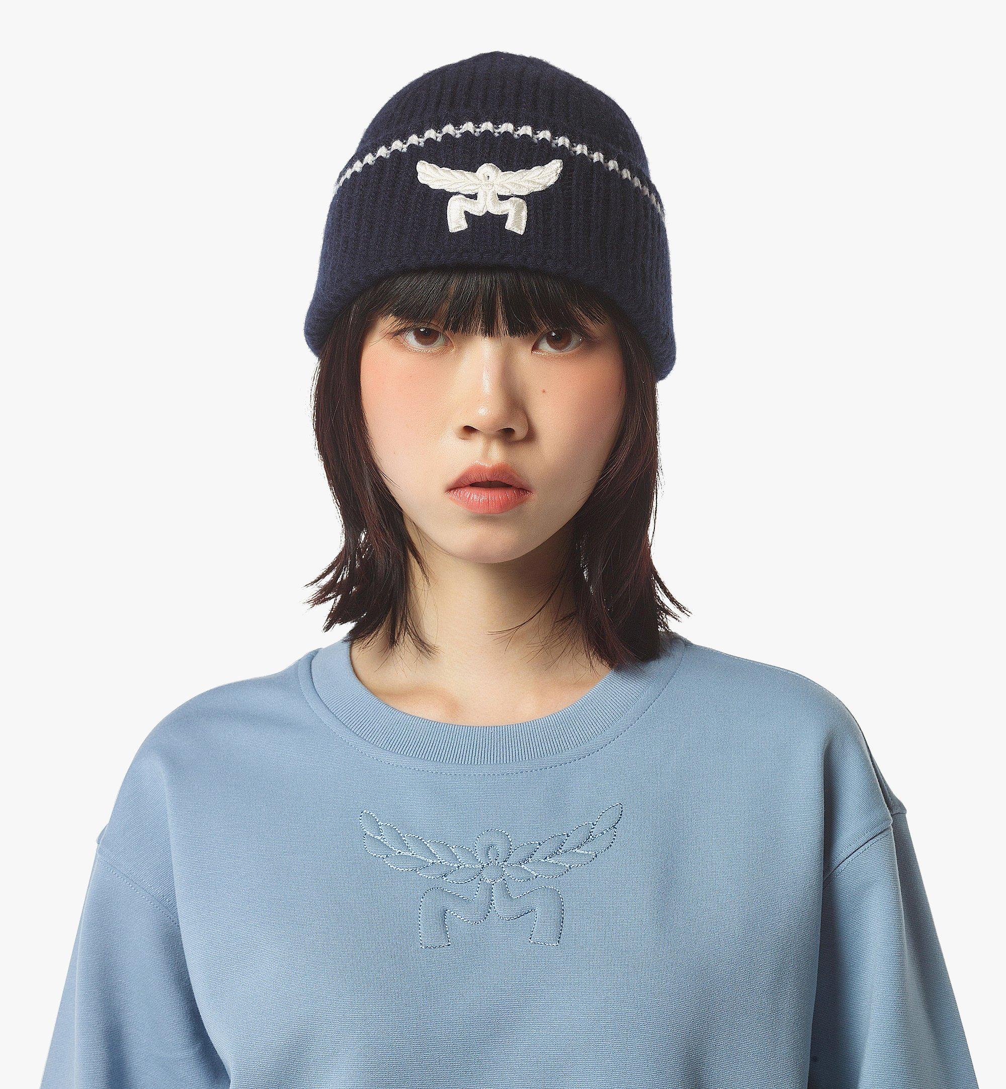 MCM Logo Beanie in Wool and Recycled Cashmere Blue MEHESMM04VC001 Alternate View 3