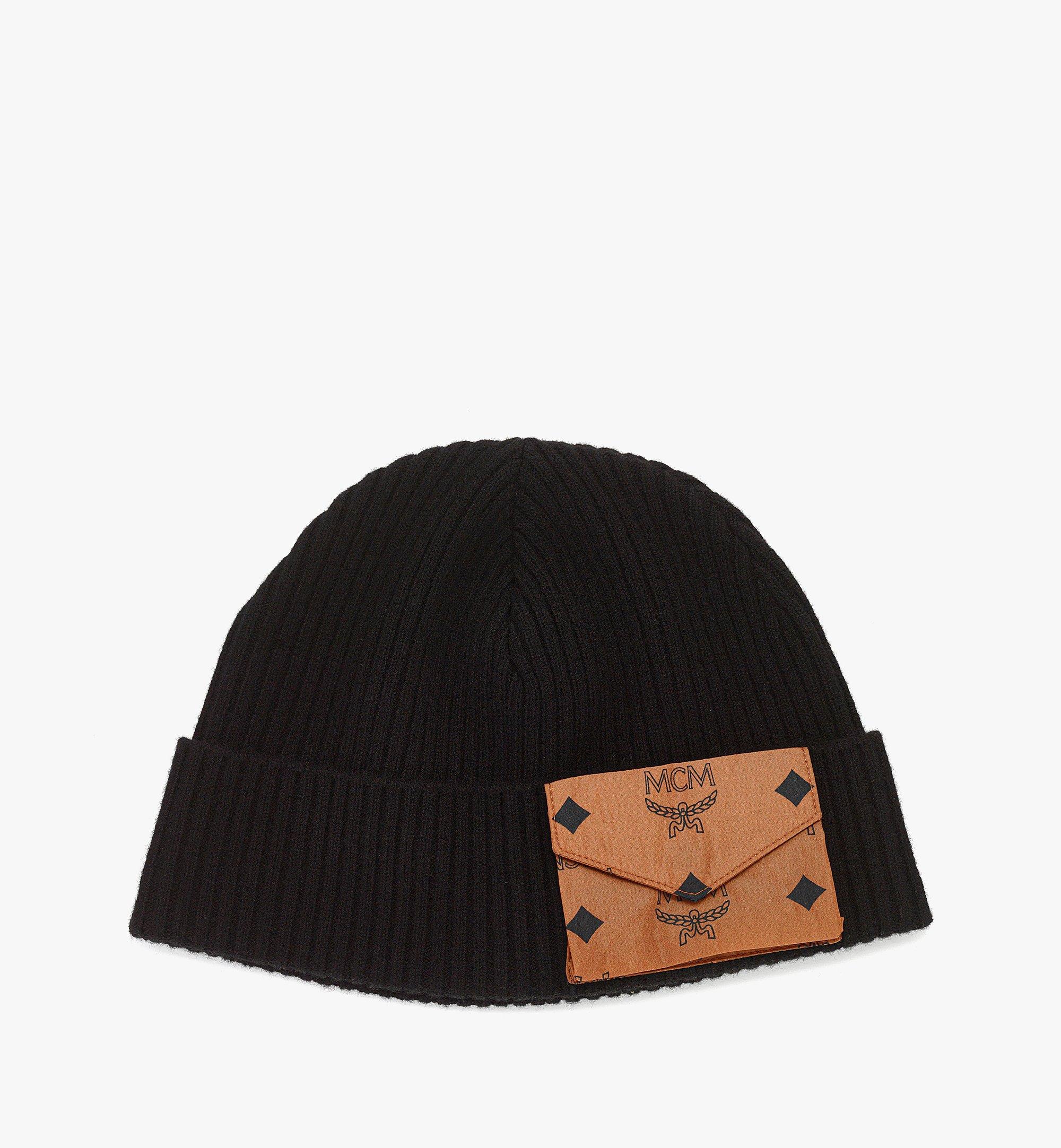 Mcm Wool Beanie W/ Monogram Print Econyl Pocket In Black