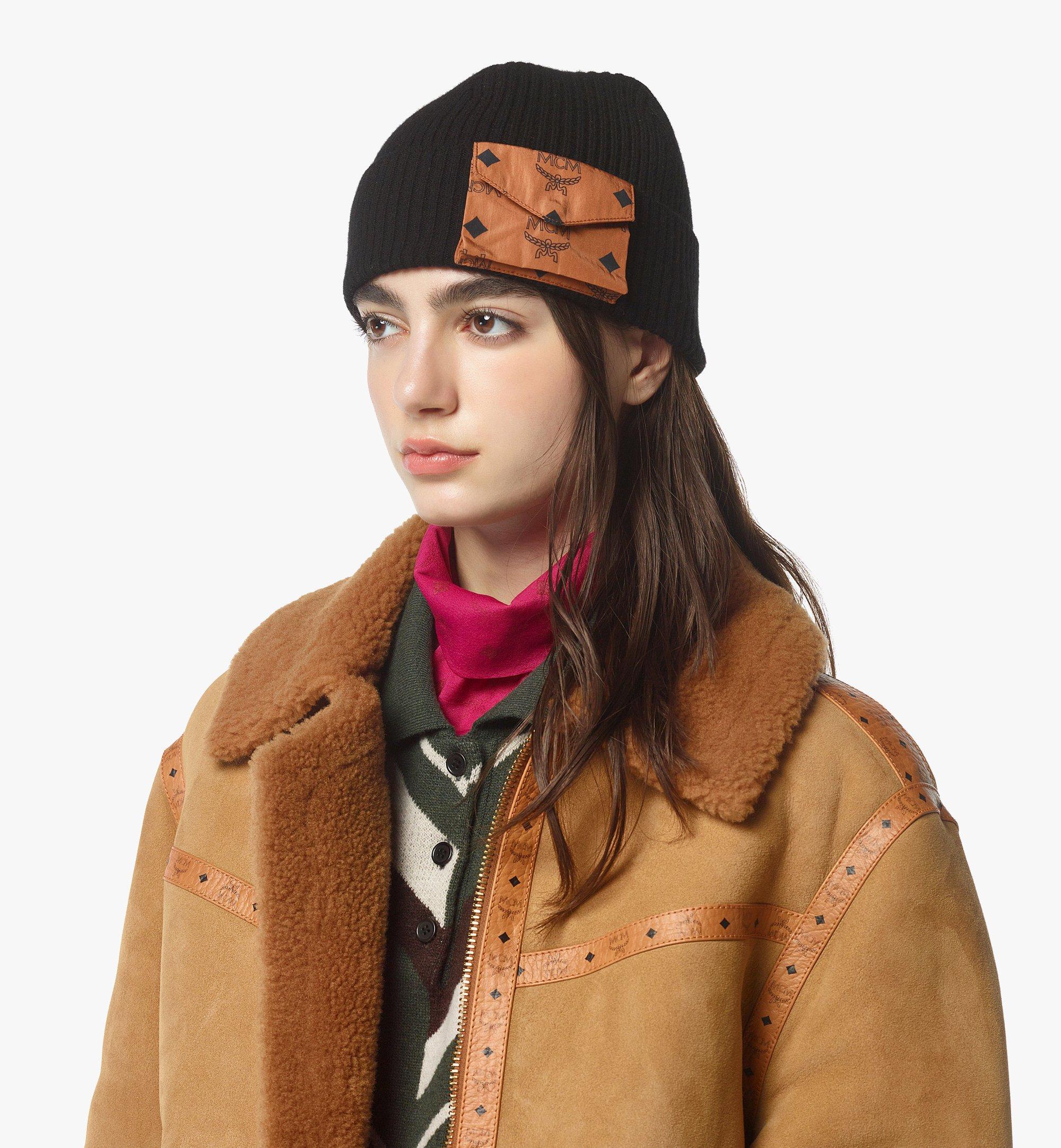 MCM Wool Beanie w/ Monogram Print ECONYL® Pocket Black MEHFAMM01BK001 Alternate View 2