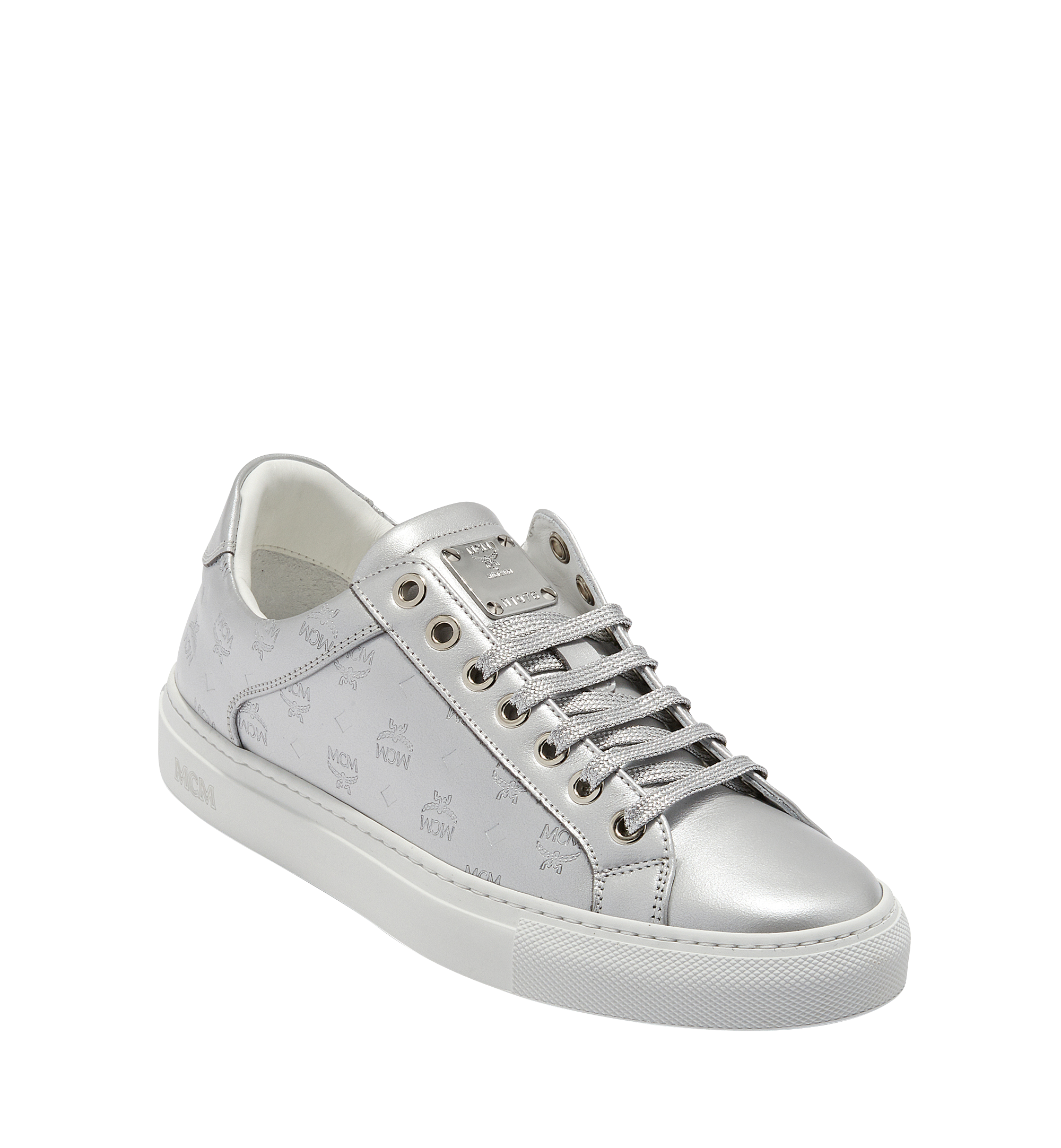 MCM Women's Low Top Classic Sneakers in Monogram Leather Silver MES8SMM09SV035 Alternate View 1
