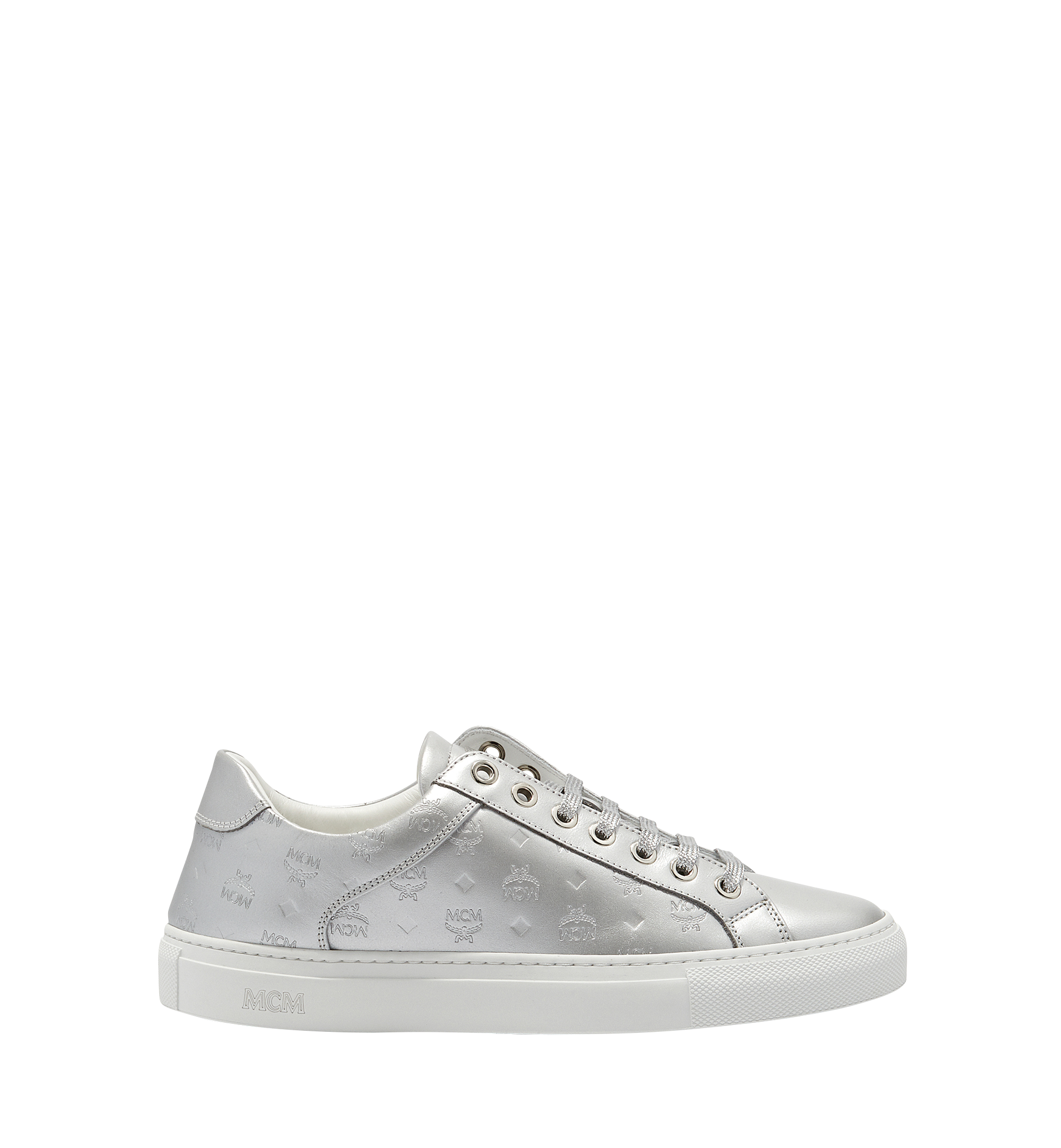 MCM Women's Low Top Classic Sneakers in Monogram Leather Silver MES8SMM09SV035 Alternate View 2
