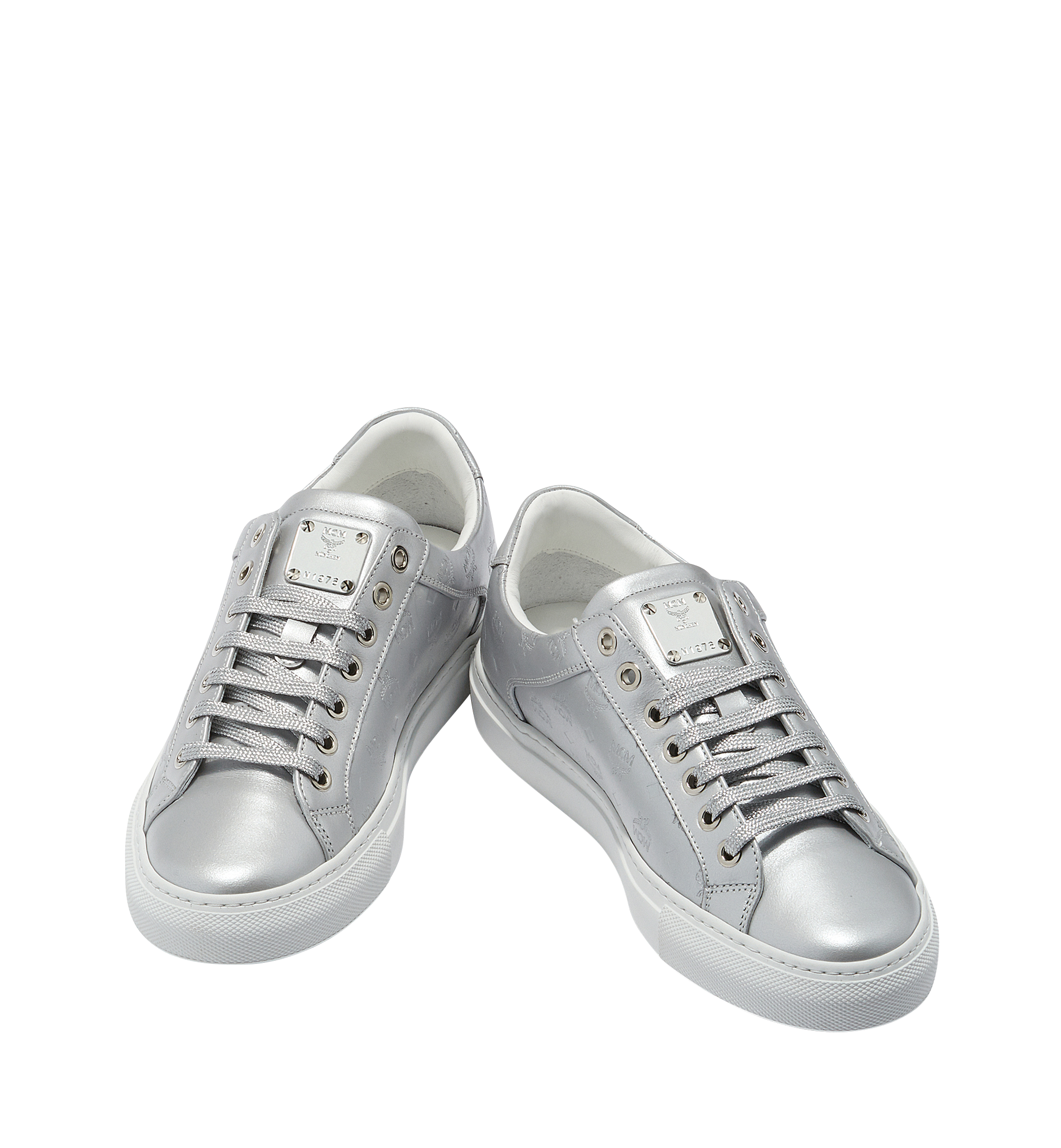 MCM Women's Low Top Classic Sneakers in Monogram Leather Silver MES8SMM09SV035 Alternate View 3