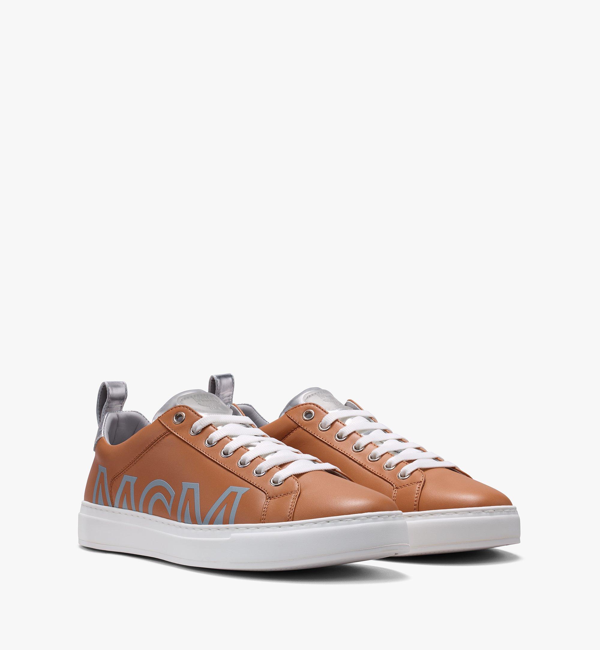 Mcm Women's Low-top Logo Sneakers In Rubberized Leather In Cognac And Silver