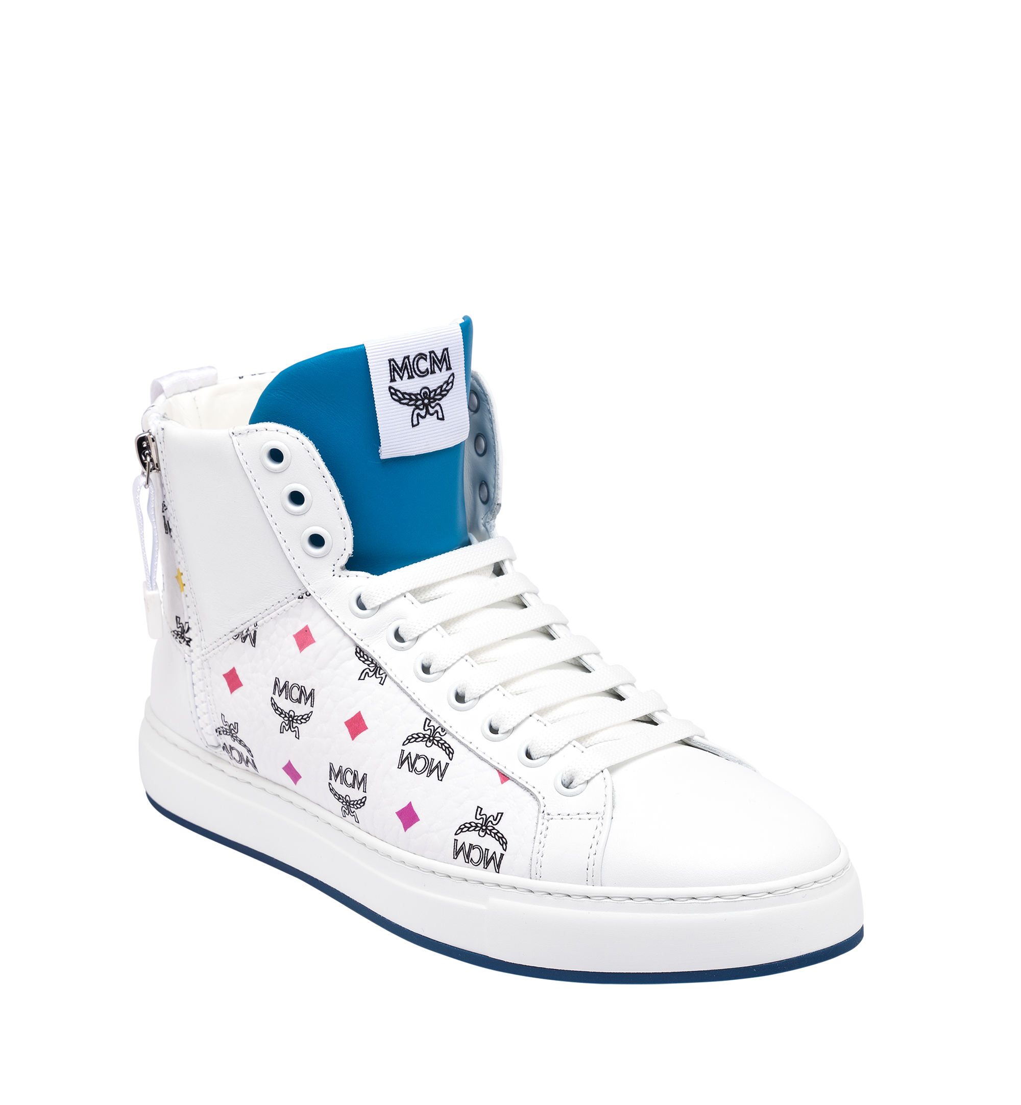 MCM Women's High Top Sneakers in Skyoptic Visetos White MES9SMM07WA035 Alternate View 1