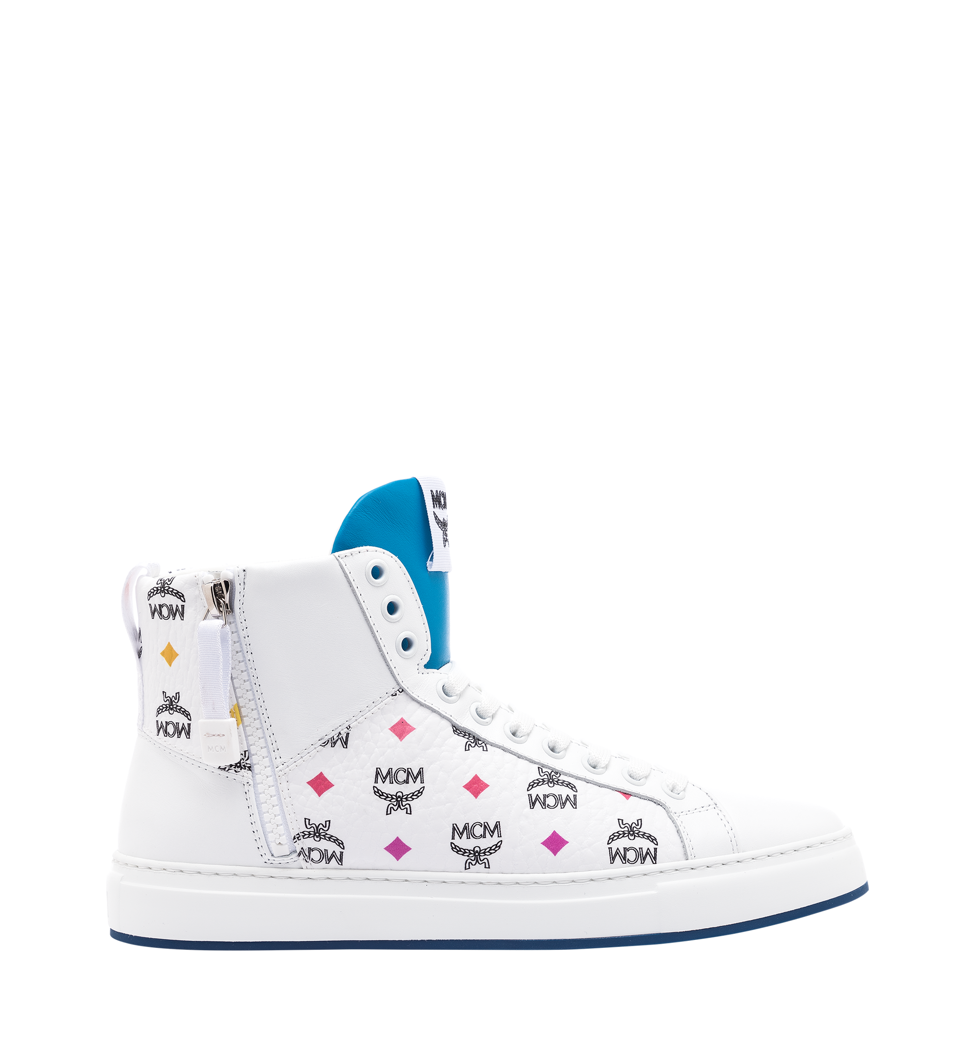 MCM Women's High Top Sneakers in Skyoptic Visetos White MES9SMM07WA035 Alternate View 1