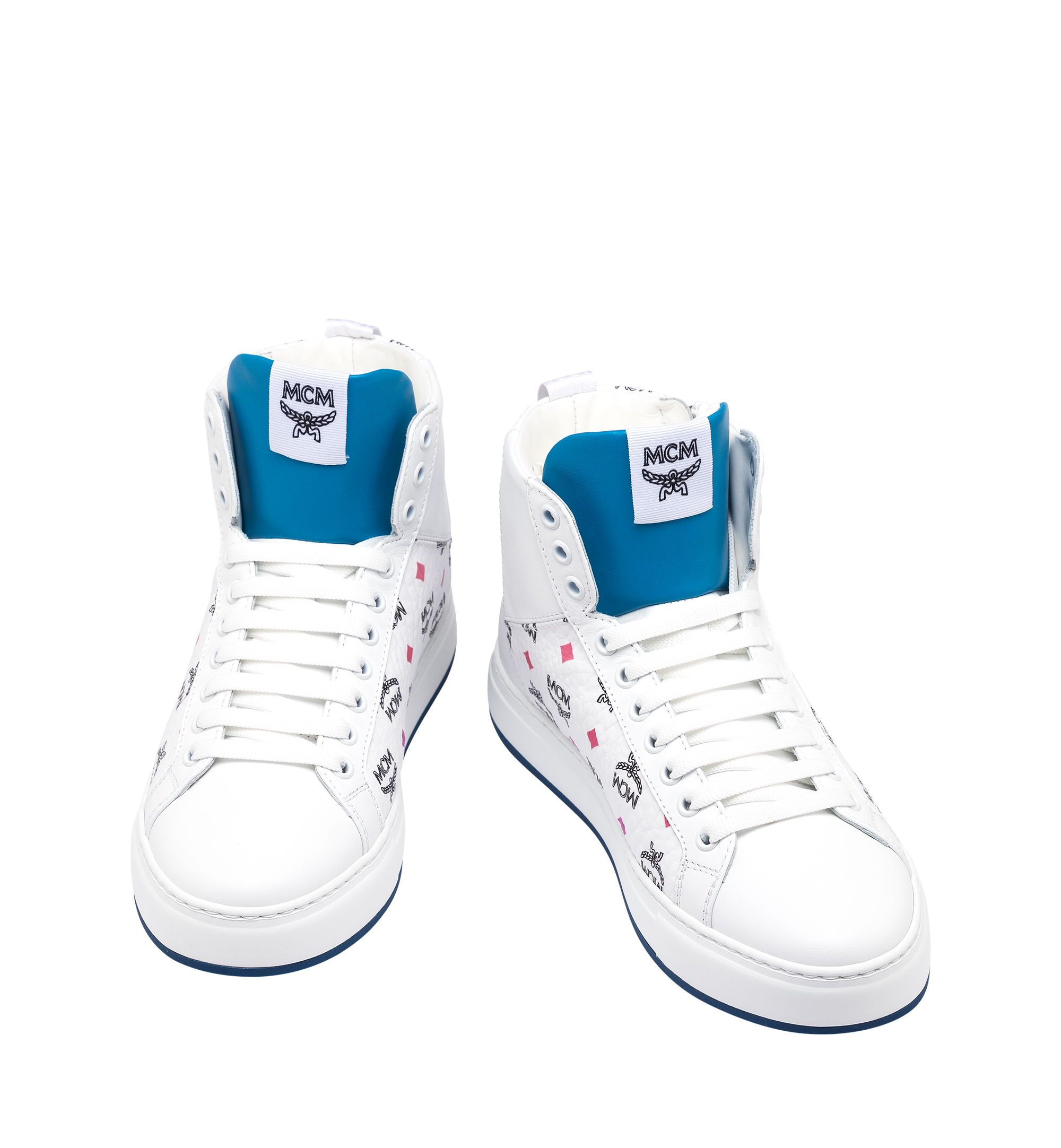 MCM Women's High Top Sneakers in Skyoptic Visetos White MES9SMM07WA035 Alternate View 3