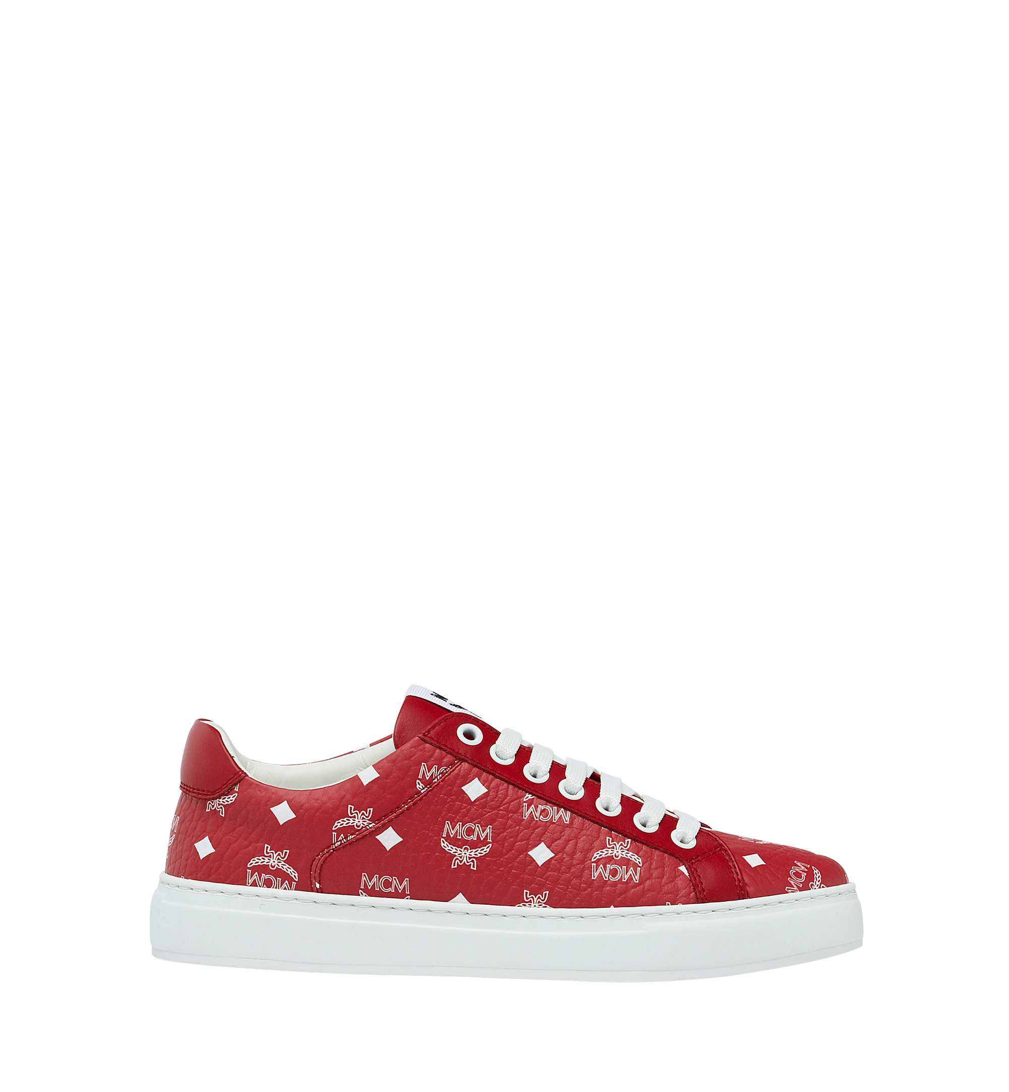 MCM Women's Low Top Sneakers in White Logo Visetos Red MES9SWA06AV035 Alternate View 1