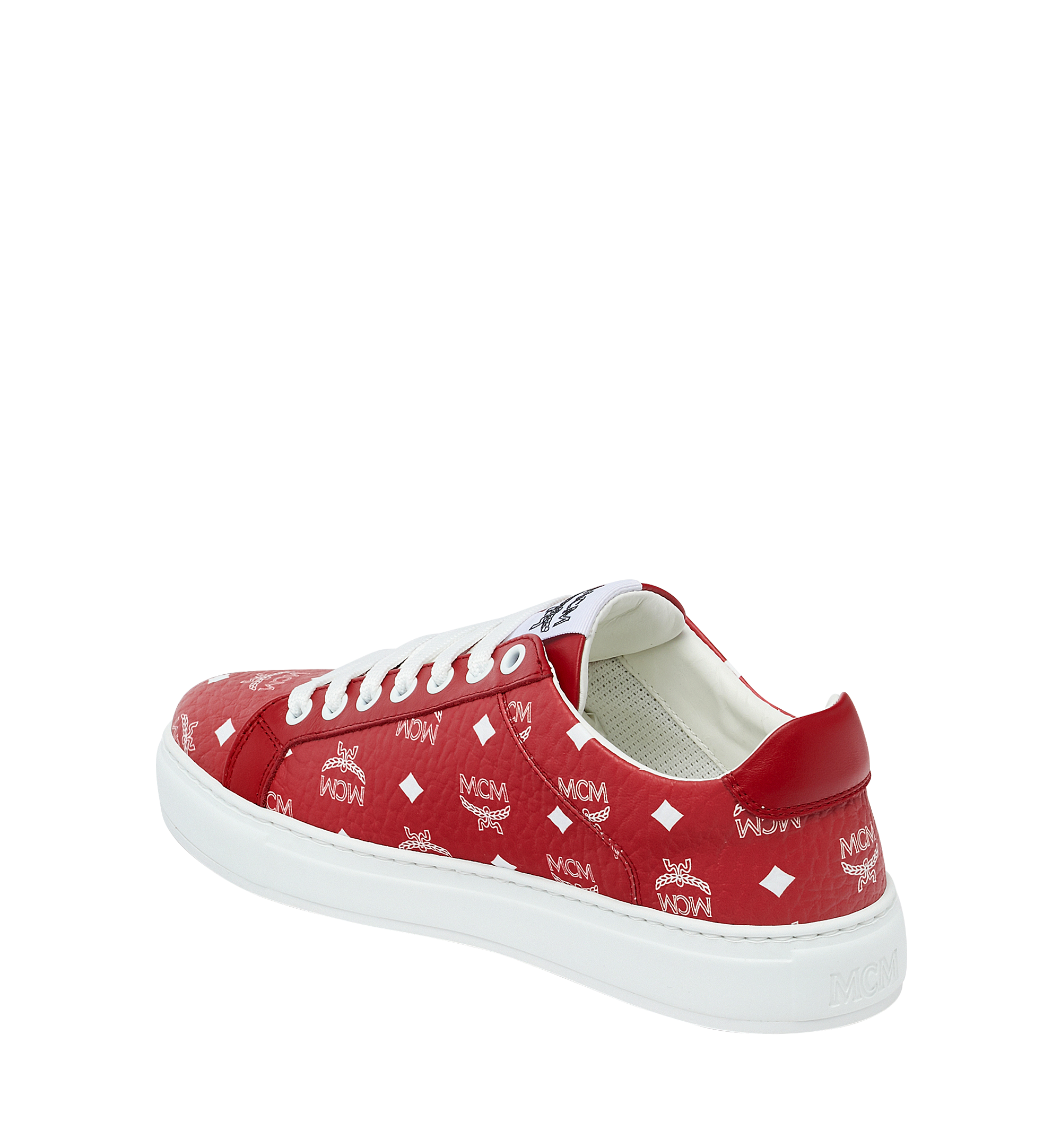 MCM Women's Low Top Sneakers in White Logo Visetos Red MES9SWA06AV035 Alternate View 2