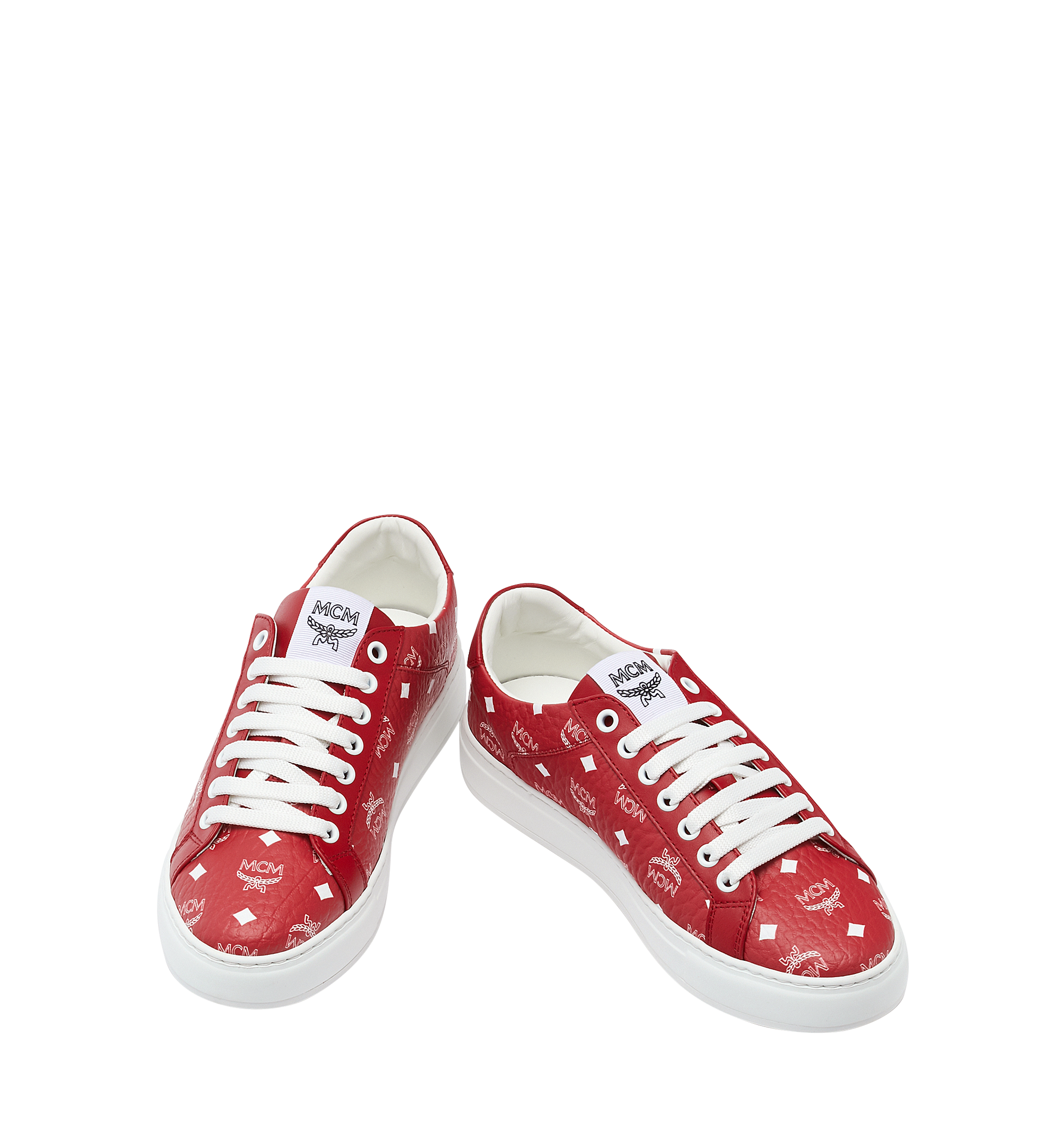 MCM Women's Low Top Sneakers in White Logo Visetos Red MES9SWA06AV035 Alternate View 3