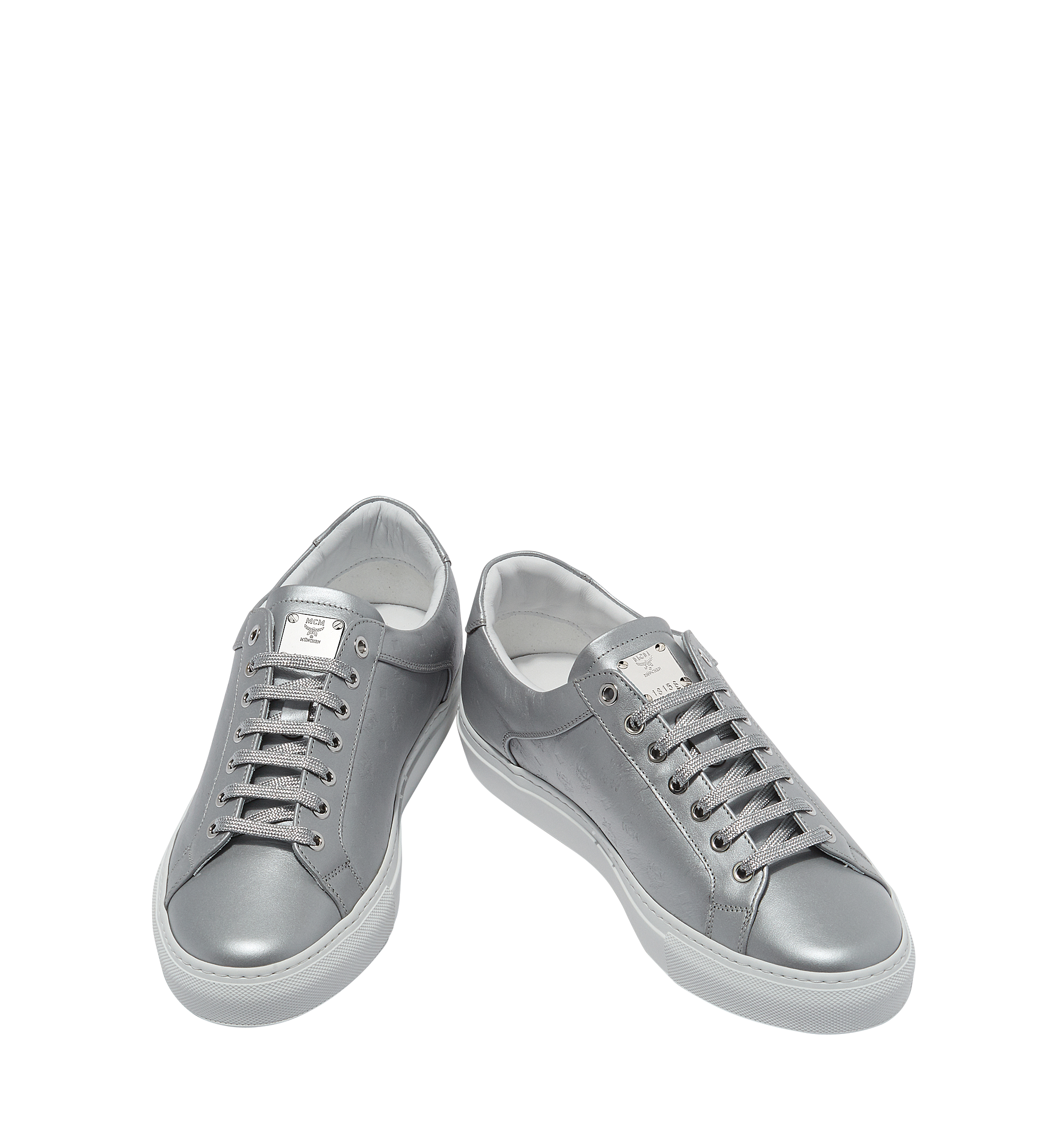 MCM Men's Low Top Classic Sneakers in Monogram Leather Silver MEX8SMM09SV046 Alternate View 3