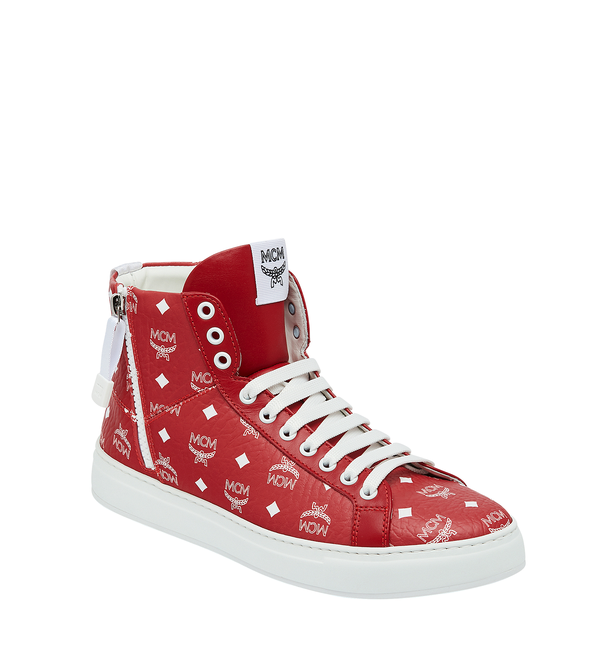 MCM Men's High Top Sneakers in White Logo Visetos Red MEX9SWA05AV046 Alternate View 1