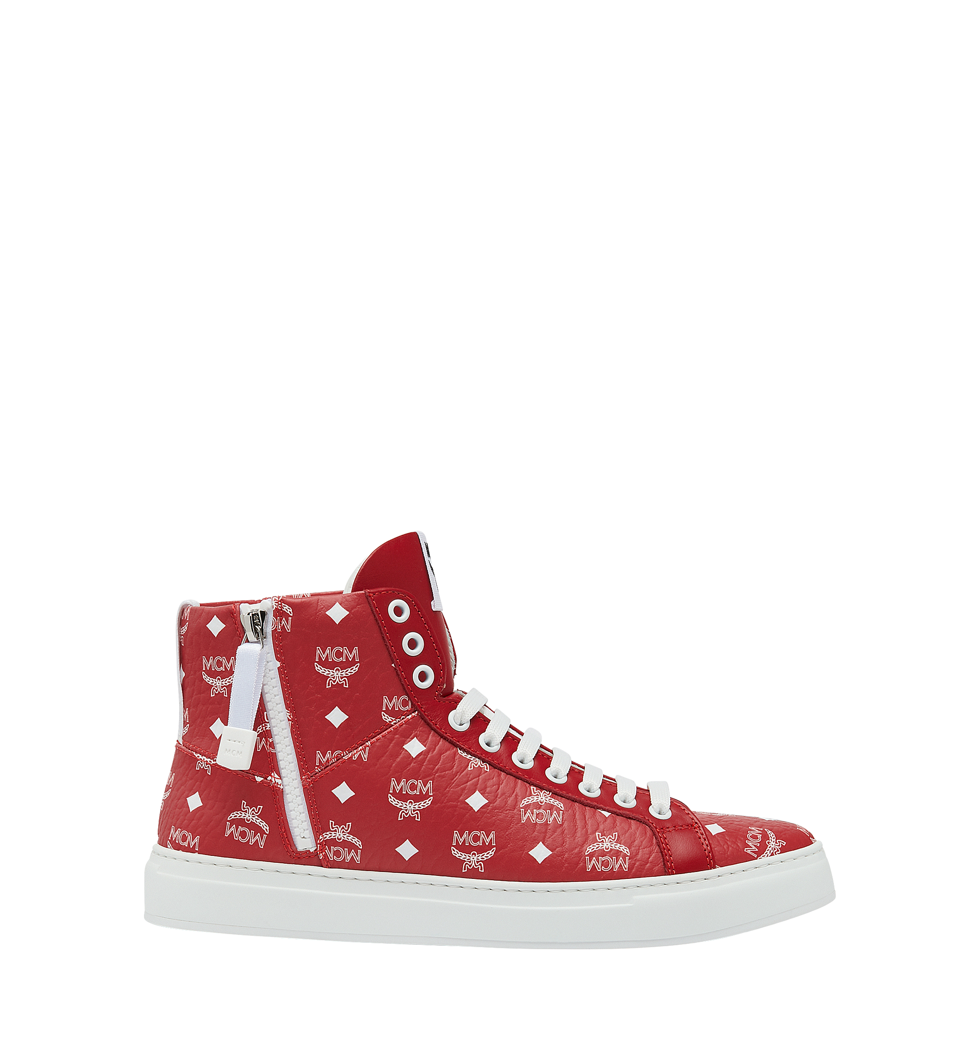 MCM Men's High Top Sneakers in White Logo Visetos Red MEX9SWA05AV046 Alternate View 1