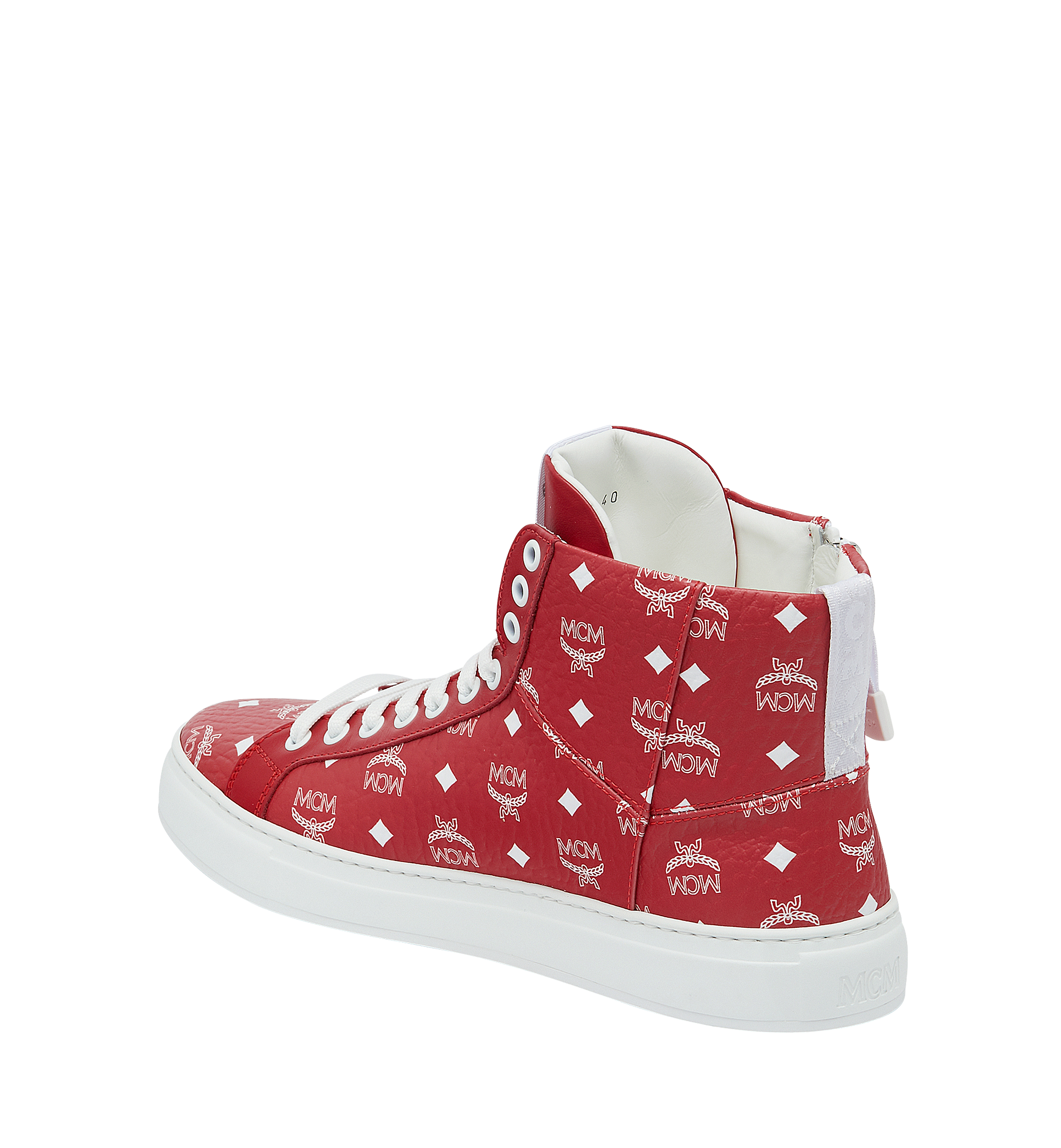MCM Men's High Top Sneakers in White Logo Visetos Red MEX9SWA05AV046 Alternate View 2
