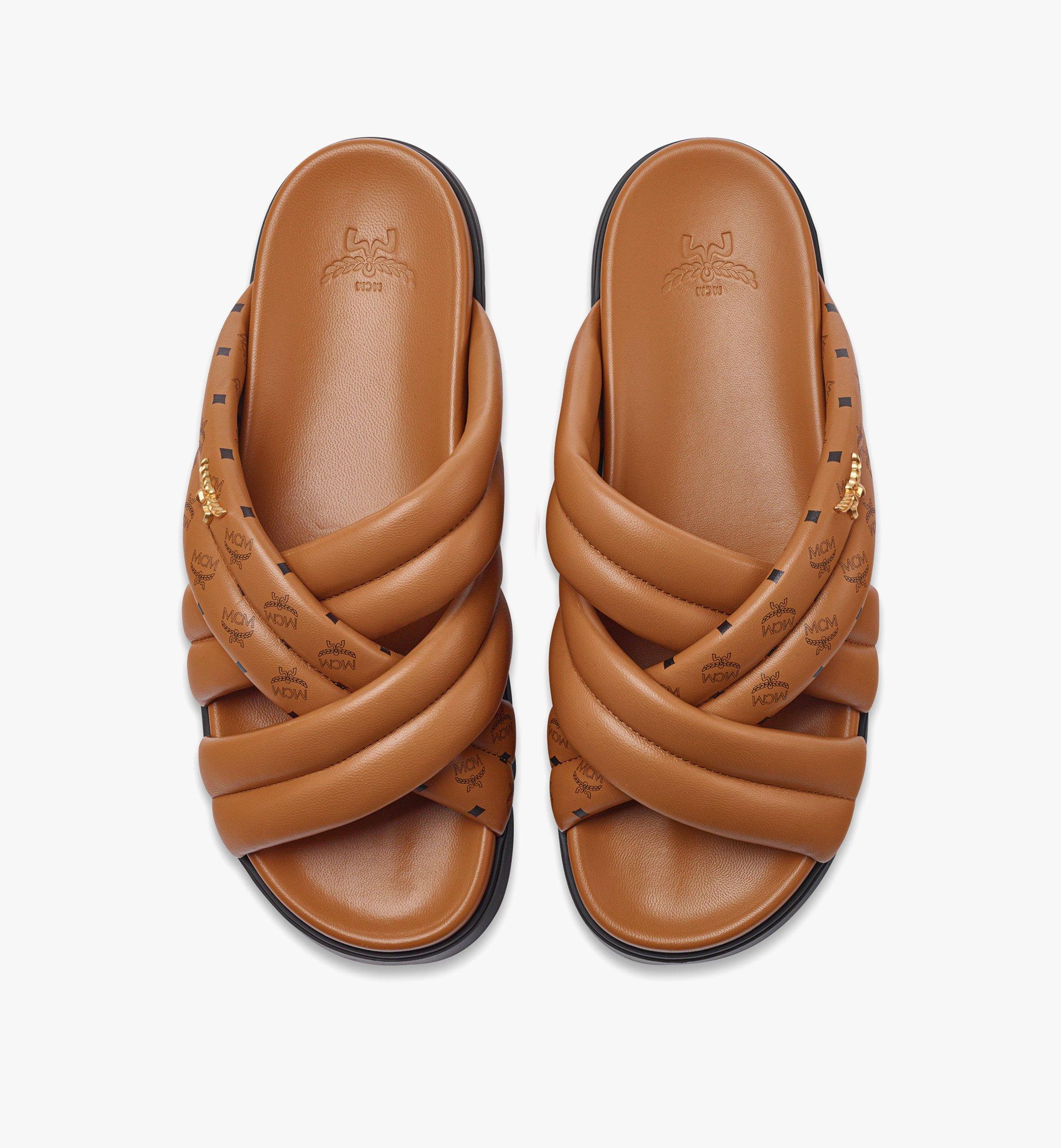 36 IT Monogram Print Cross Sandals in Lamb Leather Cognac | MCM ®US