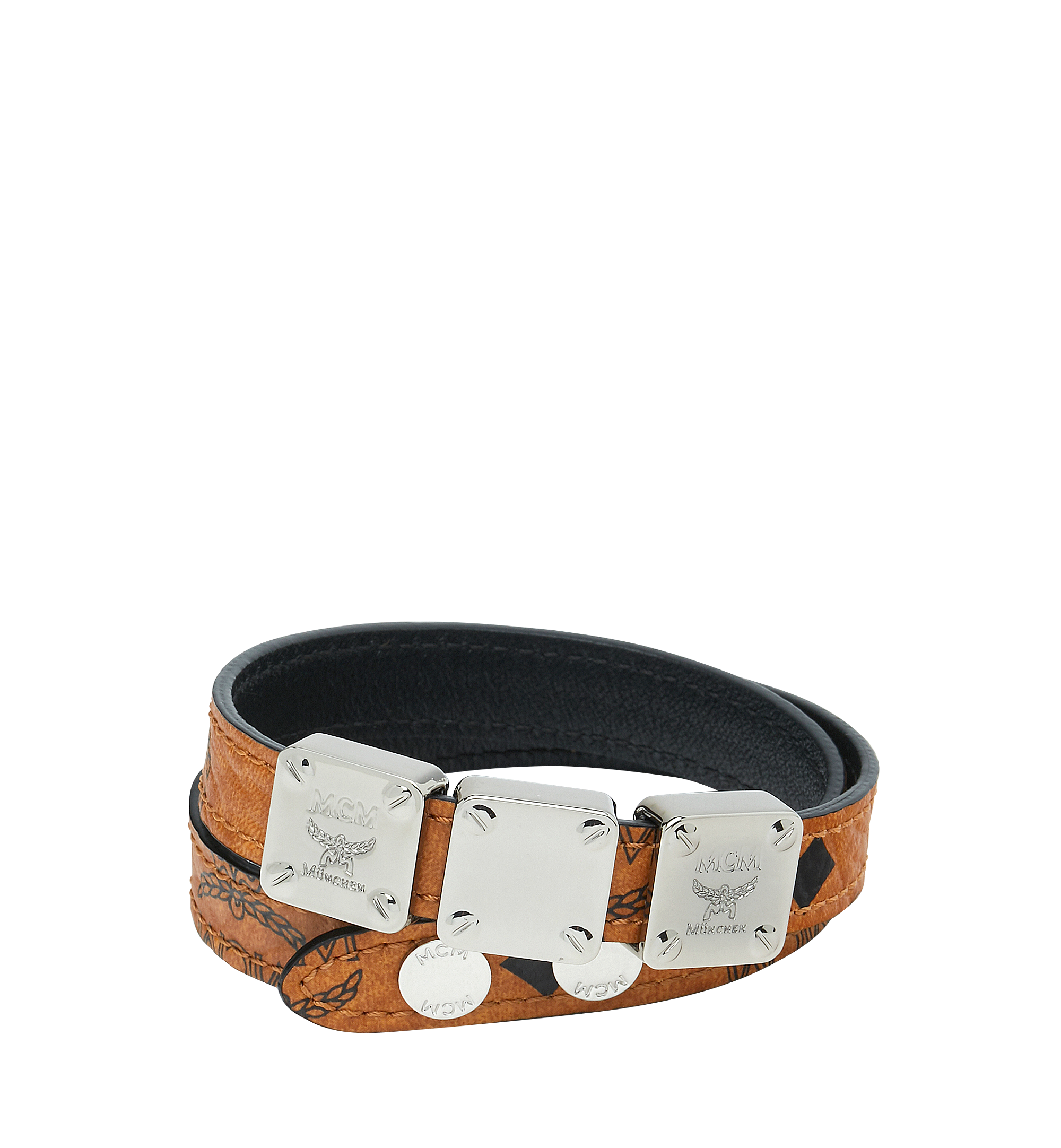 MCM Logo Plate Double Wrap Bracelet in Visetos Cognac MEZ8AMM04CO001 Alternate View 1