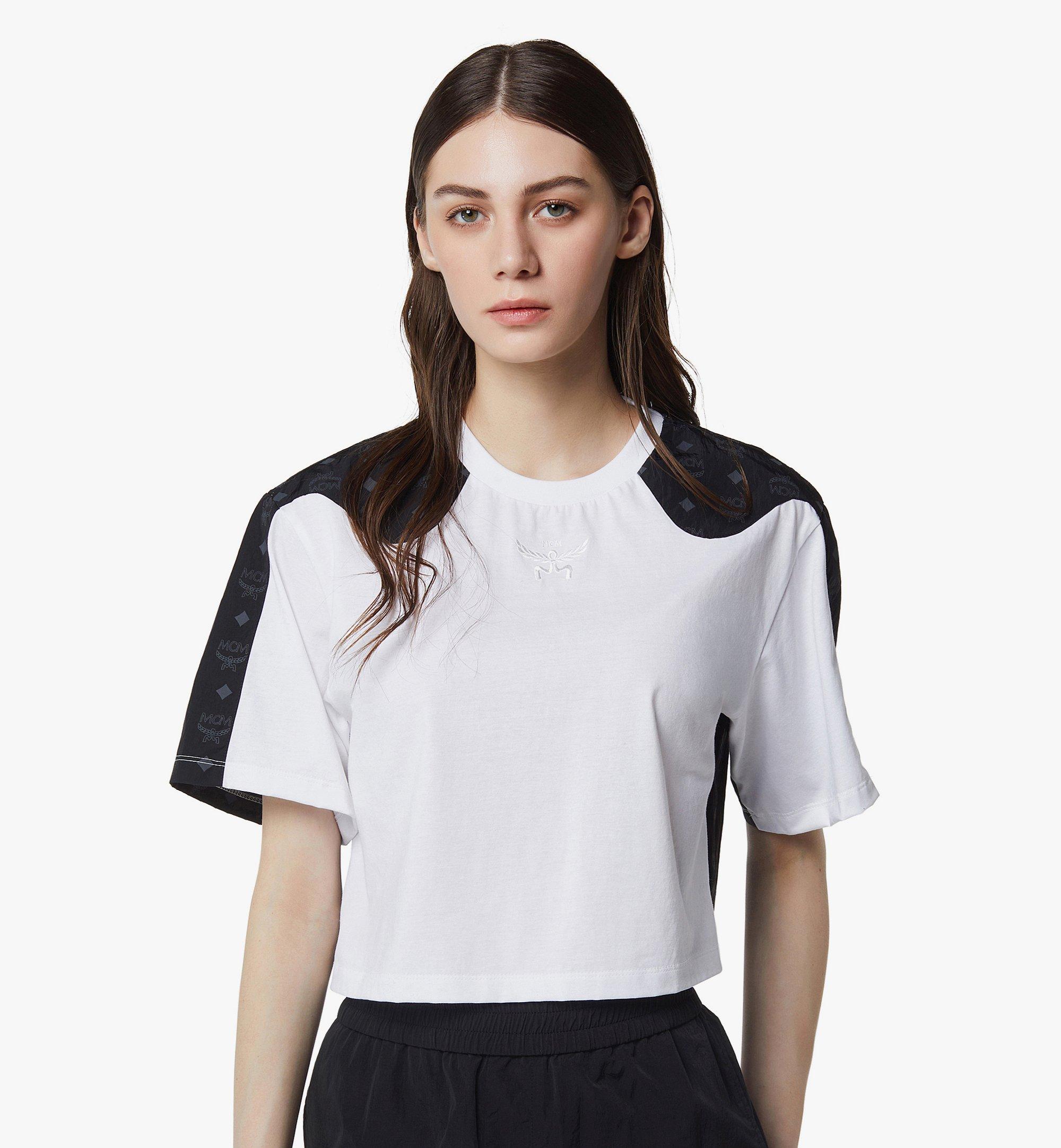 MCM Laurel Cropped T-Shirt in Organic Cotton and Monogram ECONYL® Black MFTFAMM03BW00M Alternate View 4