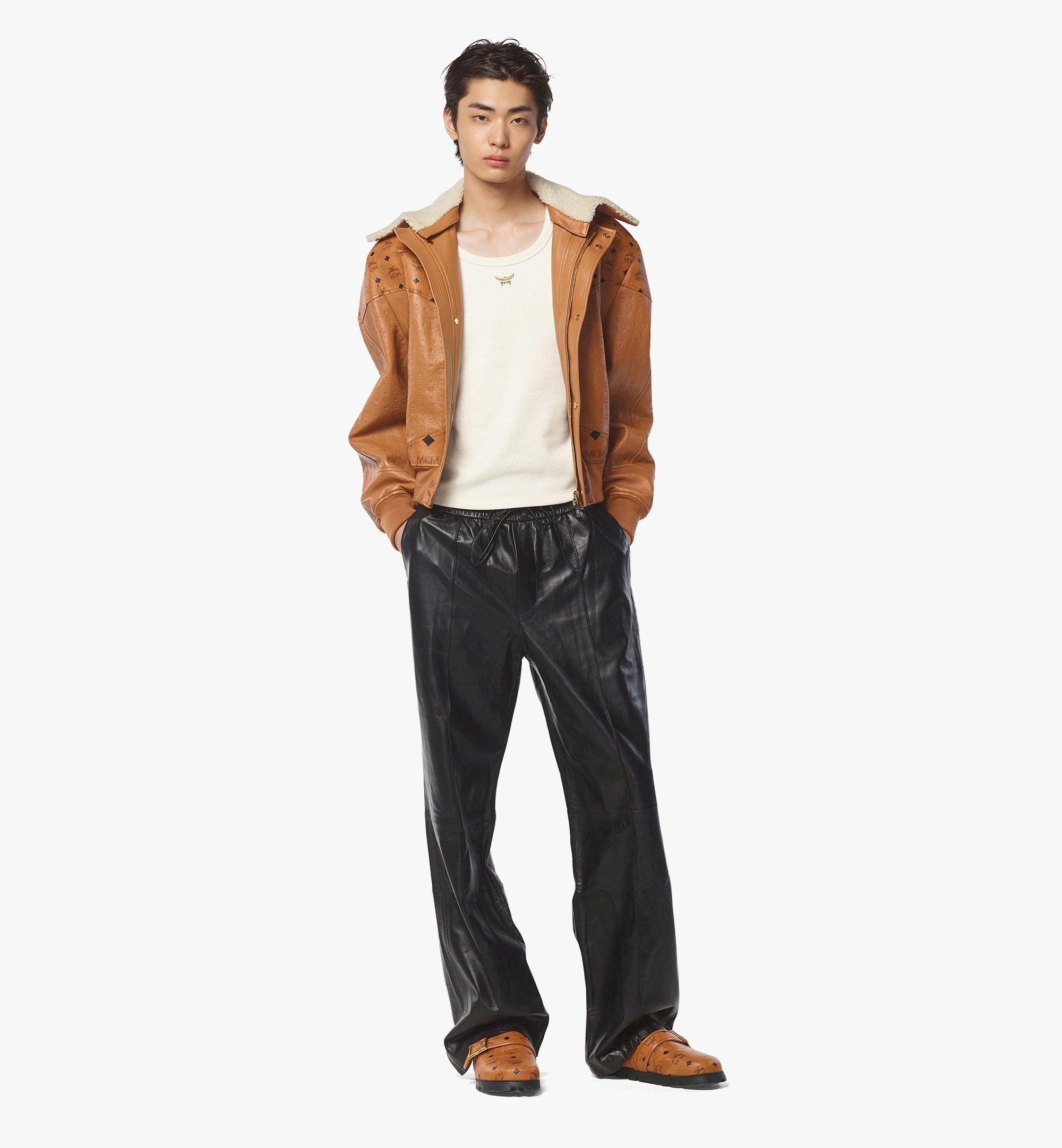 Medium Shearling Bomber Jacket in Visetos Leather Mix Cognac