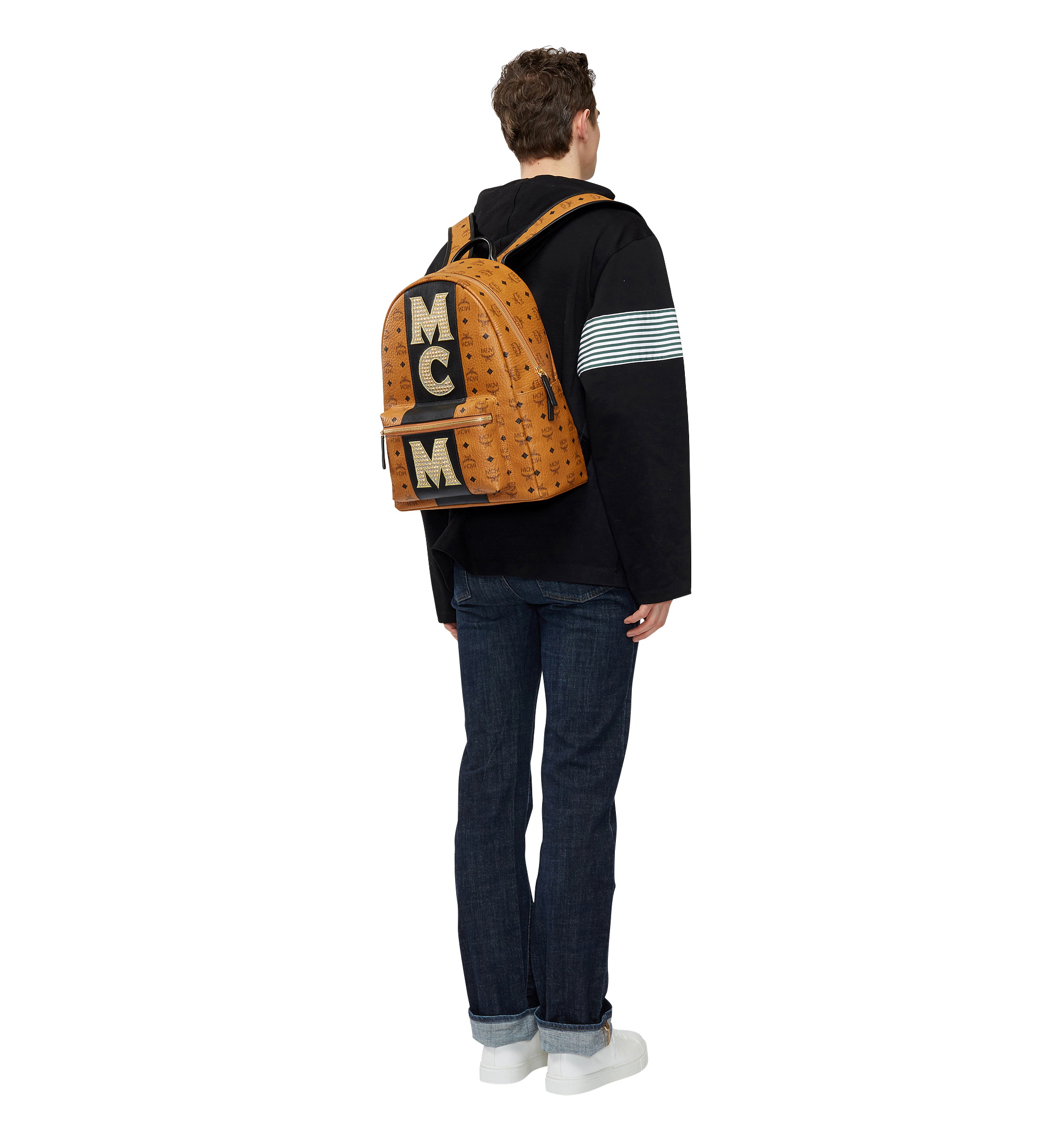 Medium Stark Logo Stripe Backpack in Visetos Cognac MCM DE