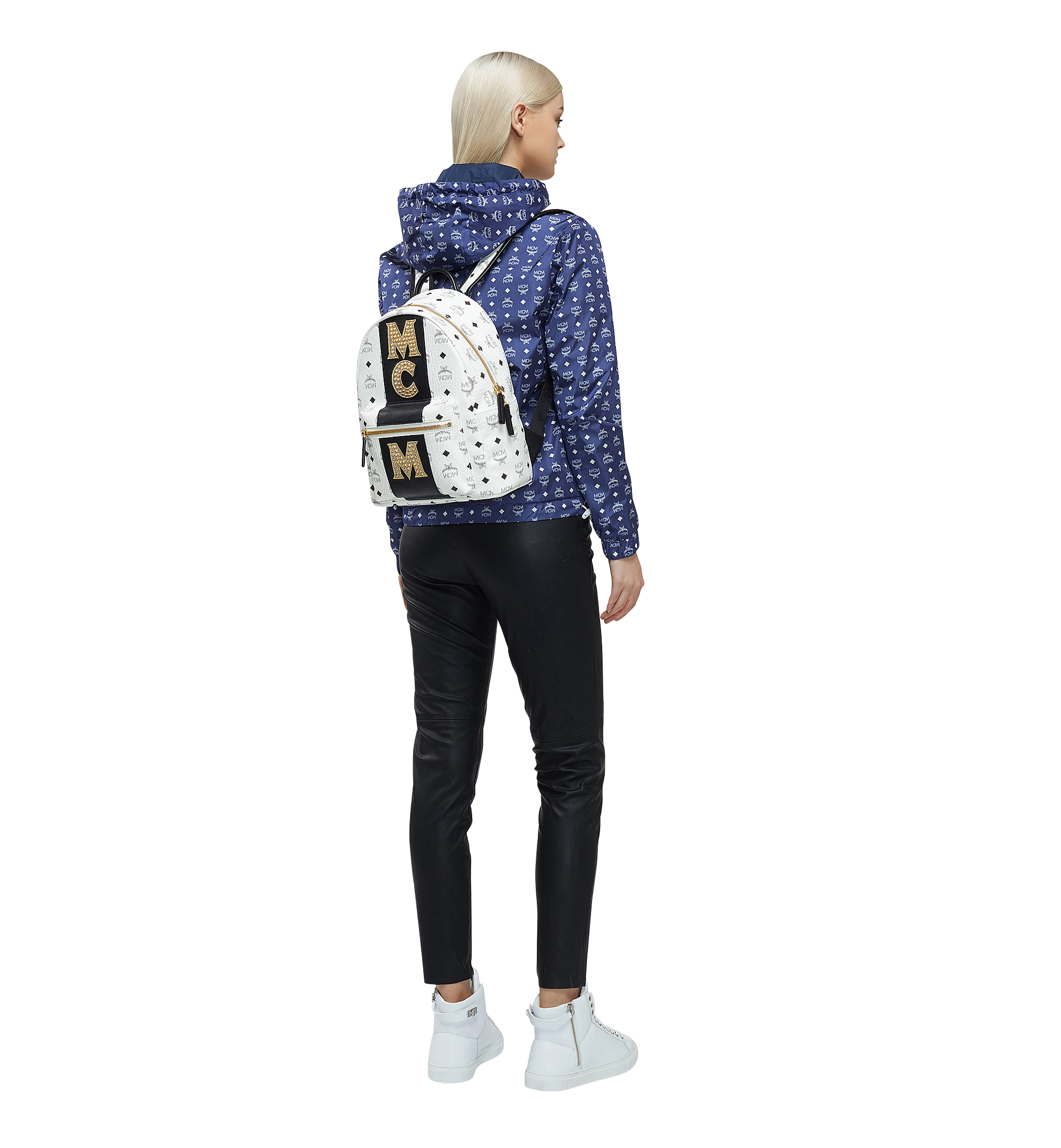 MCM Stark Logo Stripe Backpack in Visetos White MMK8SVE84WT001 Alternate View 5