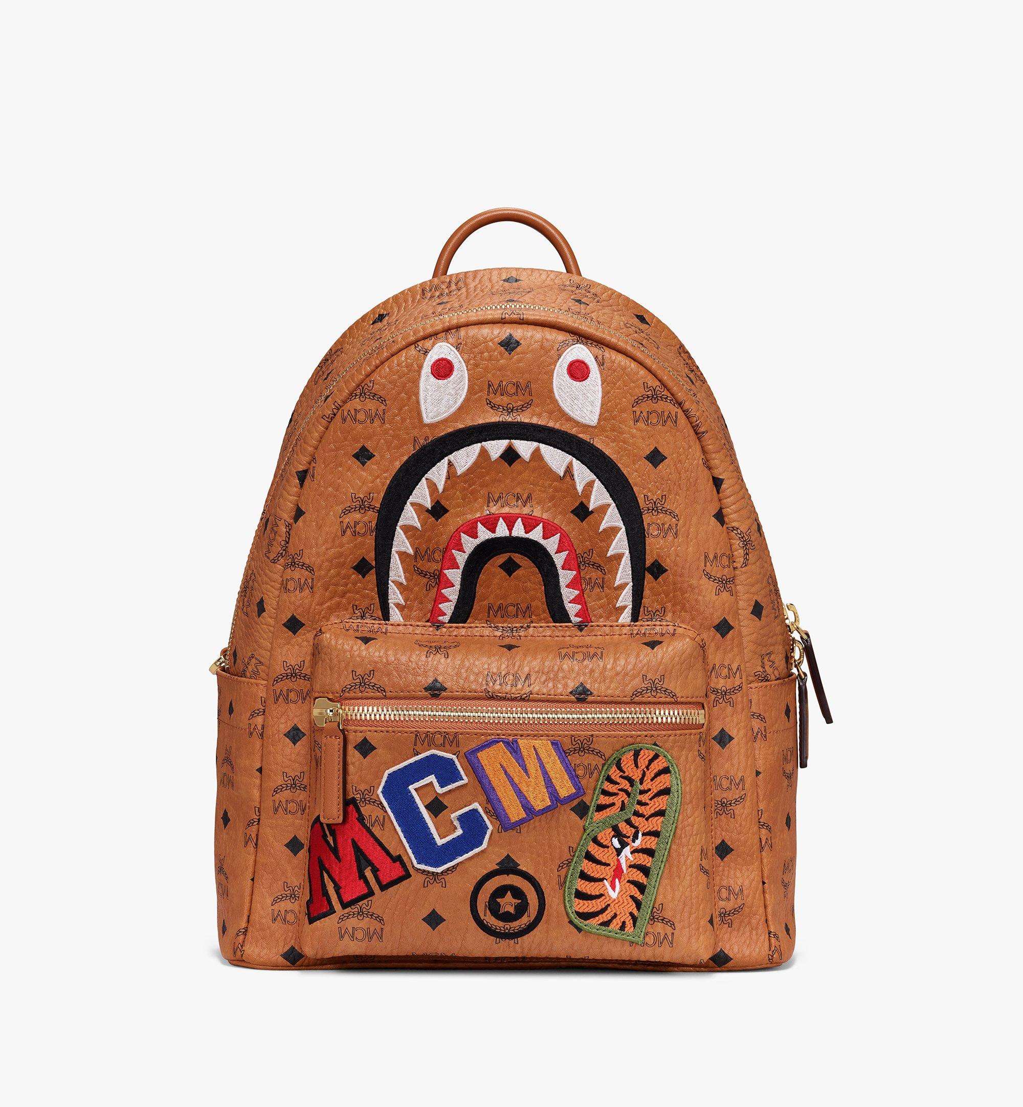 MCM x BAPE Shark Stark Backpack Visetos Cognac in Coated Canvas