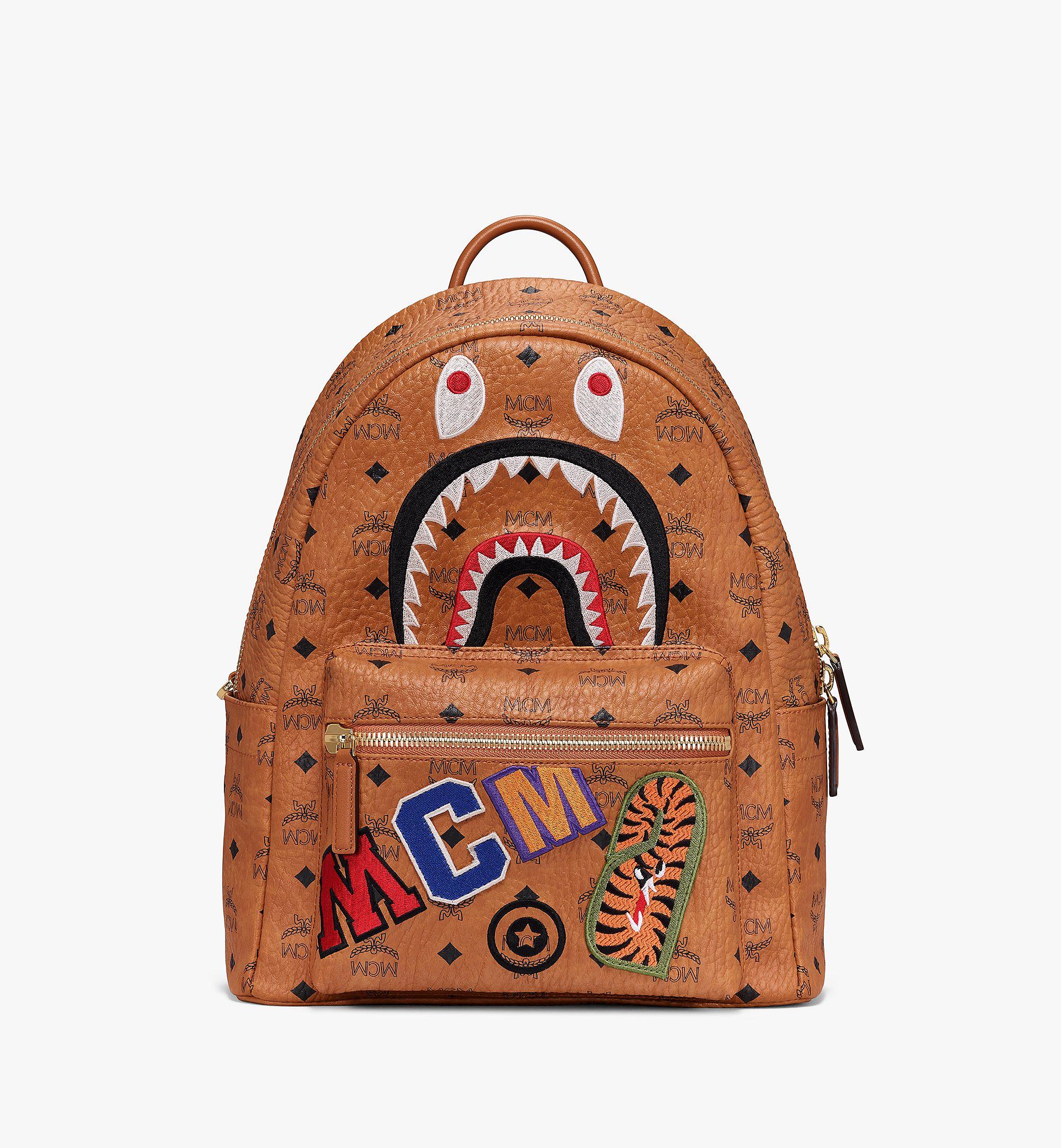 37 cm / 14.5 in MCM x BAPE Shark Stark Backpack in Visetos Cognac | MCM ®GR