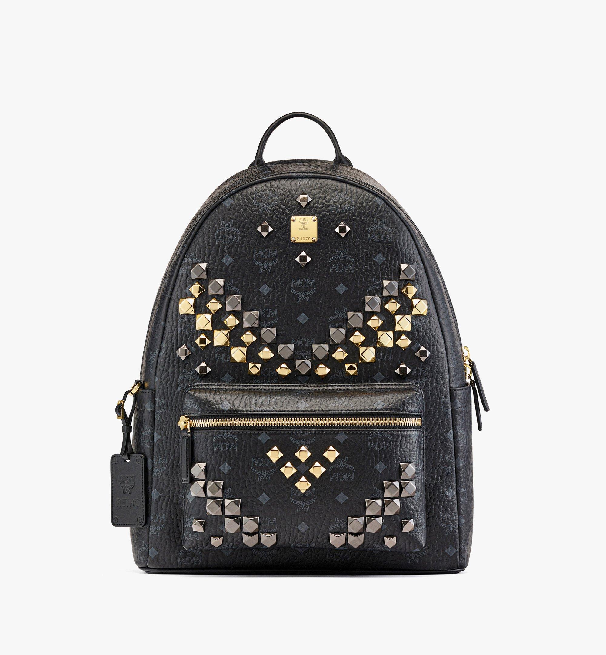 MCM Backpack Medium Studded Black Coated Canvas for Unisex