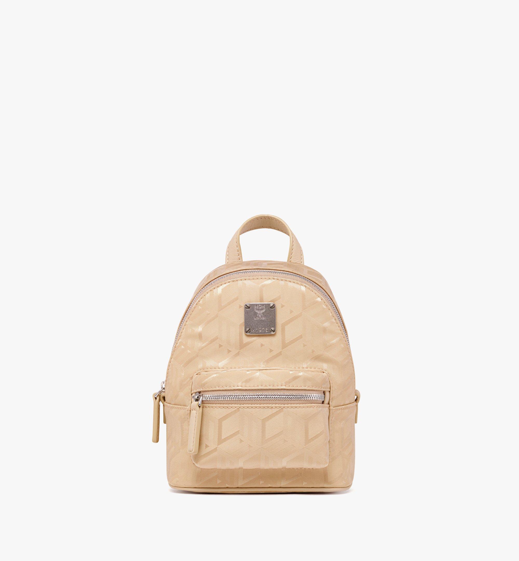 Mcm Stark Bebe Boo Backpack In Cubic Jacquard Nylon In Semolina