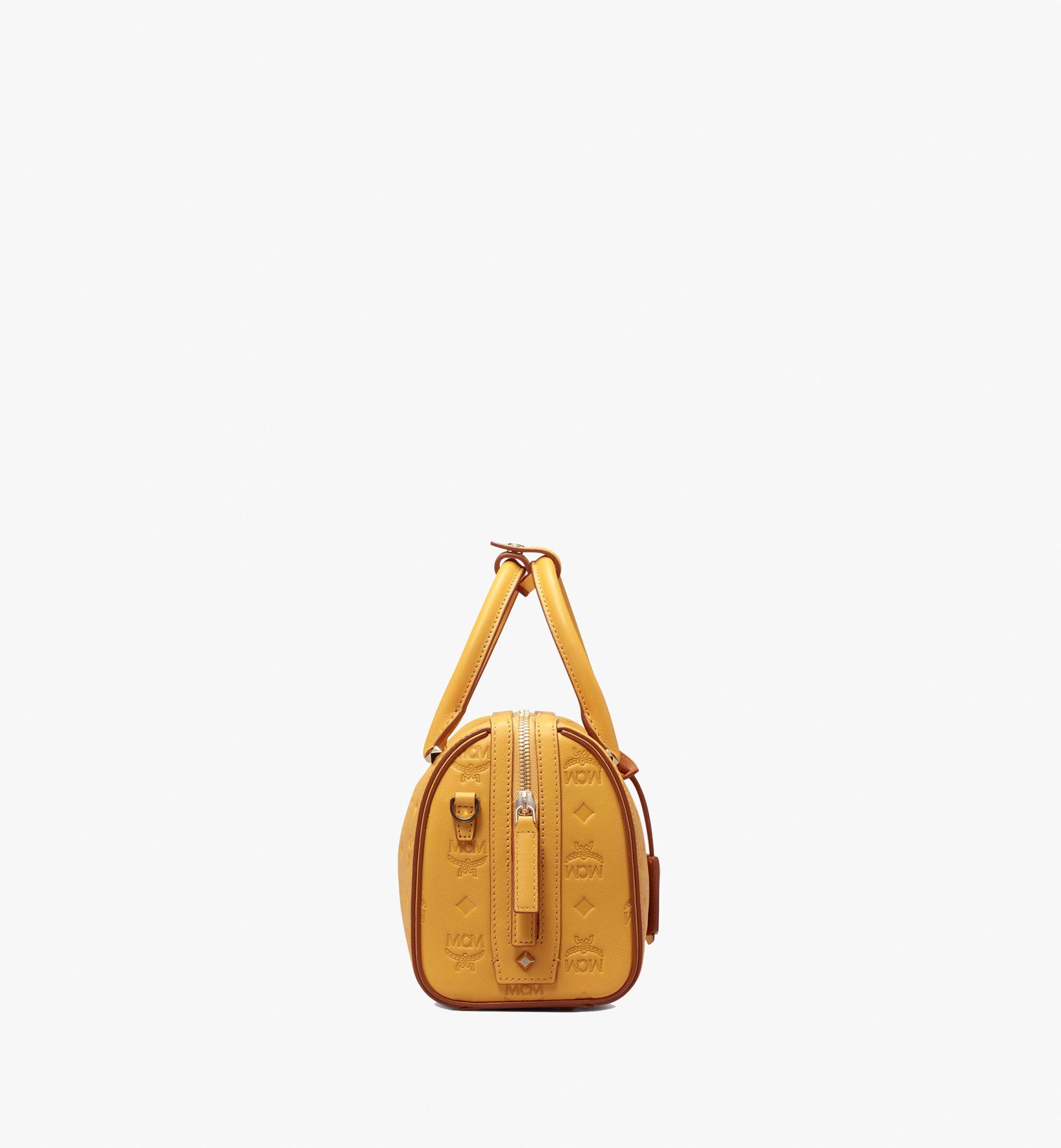 Mcm Boston Essential Monogrammed Small Leather Satchel In Golden Mango