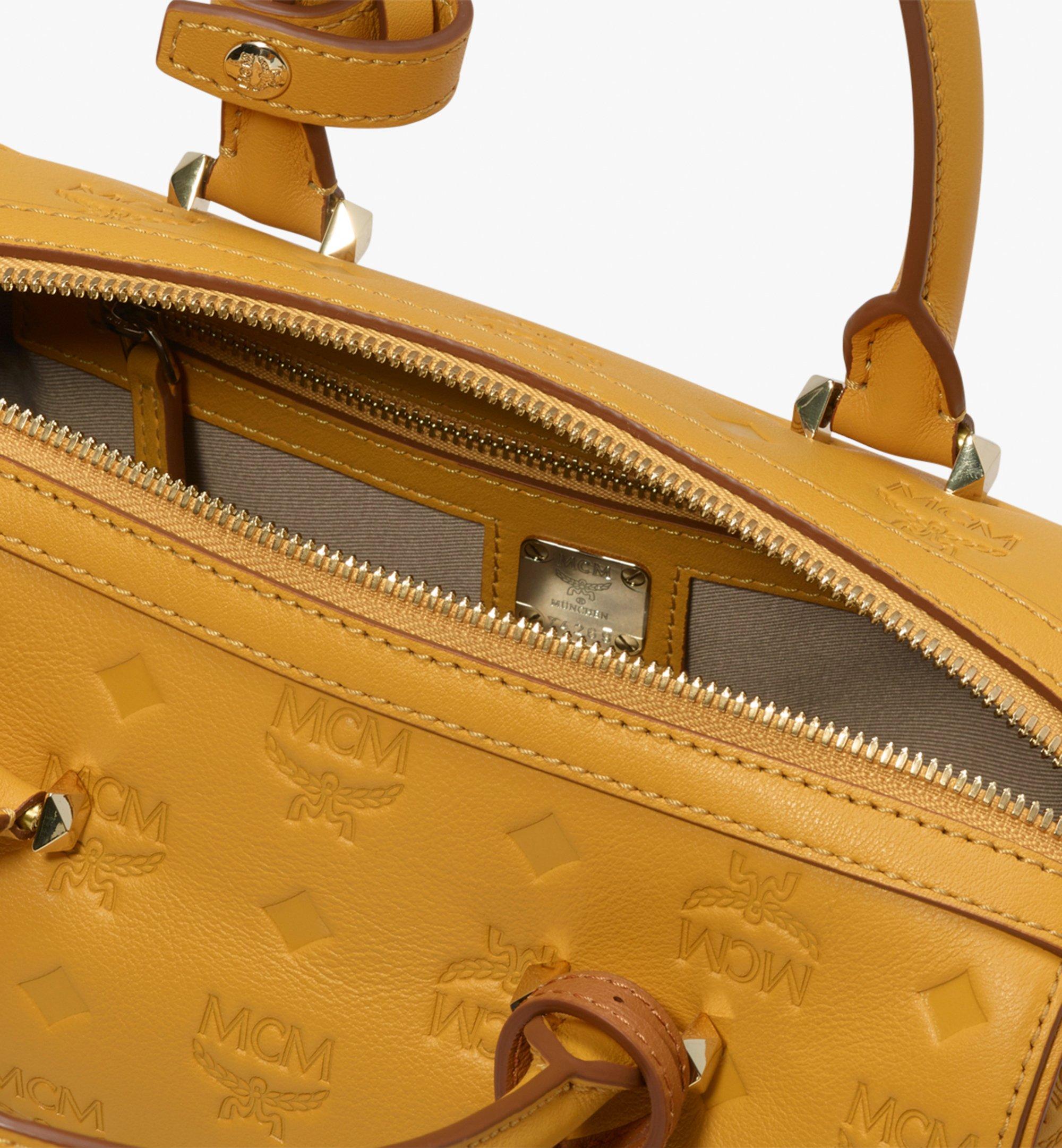 Mcm Boston Essential Monogrammed Small Leather Satchel In Golden Mango