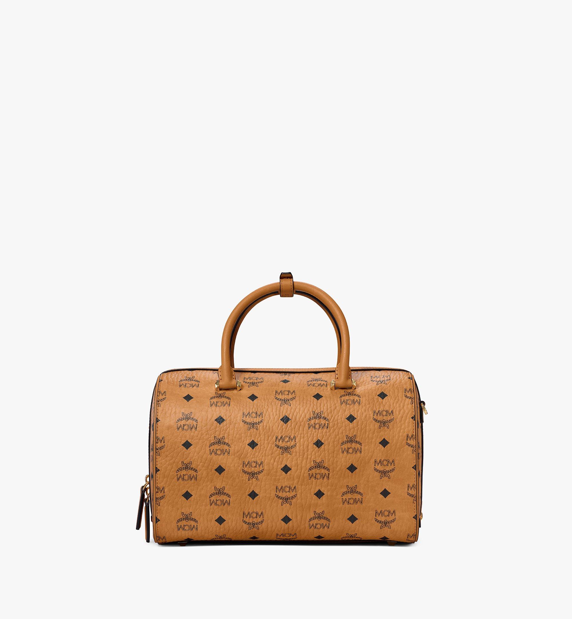 Authentic MCM Boston Bag In Cognac w/ Bone Charm