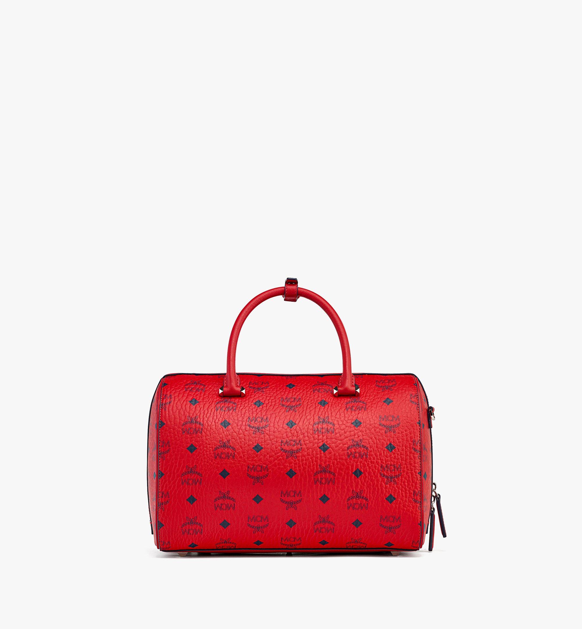 MCM Essential Monogrammed Leather Boston Bag in Red