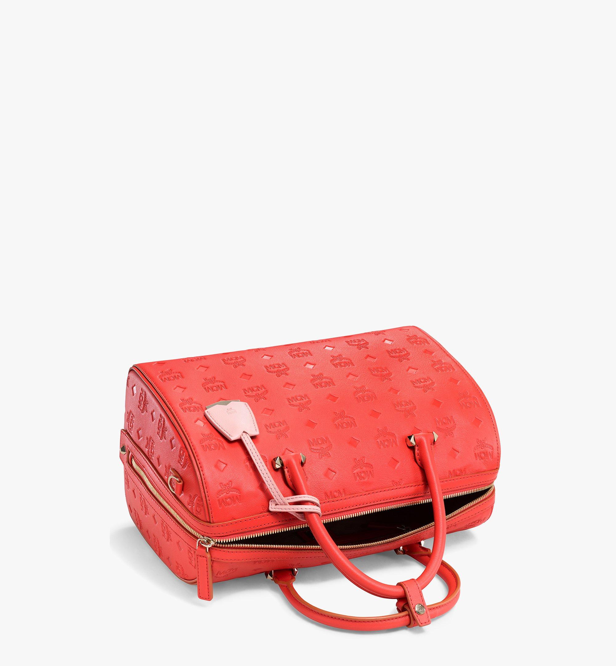 MCM Essential Monogrammed Leather Boston Bag in Red