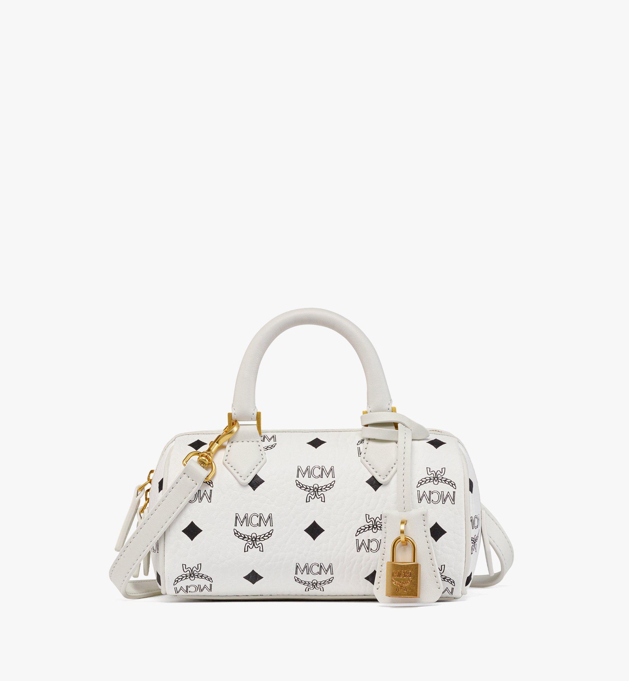 MCM Visetos Leather-Trimmed Boston Bag - White Handle Bags