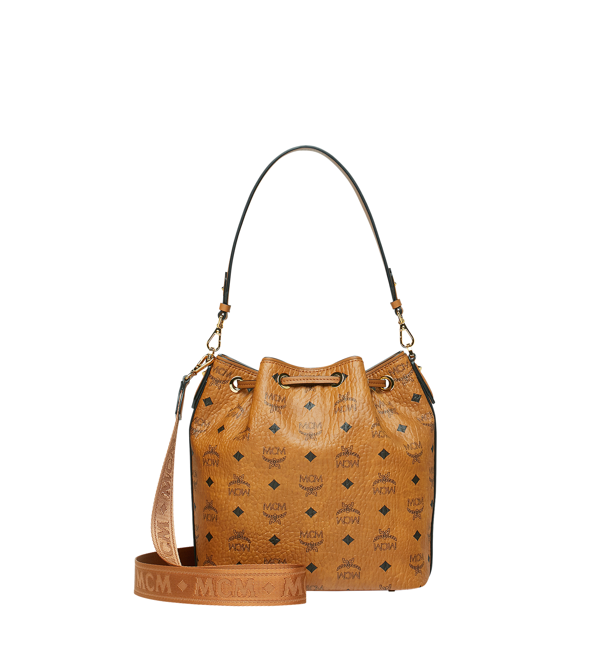 MCM Cognac Visetos Coated Canvas and Leather Heritage Drawstring Bucket Bag  MCM