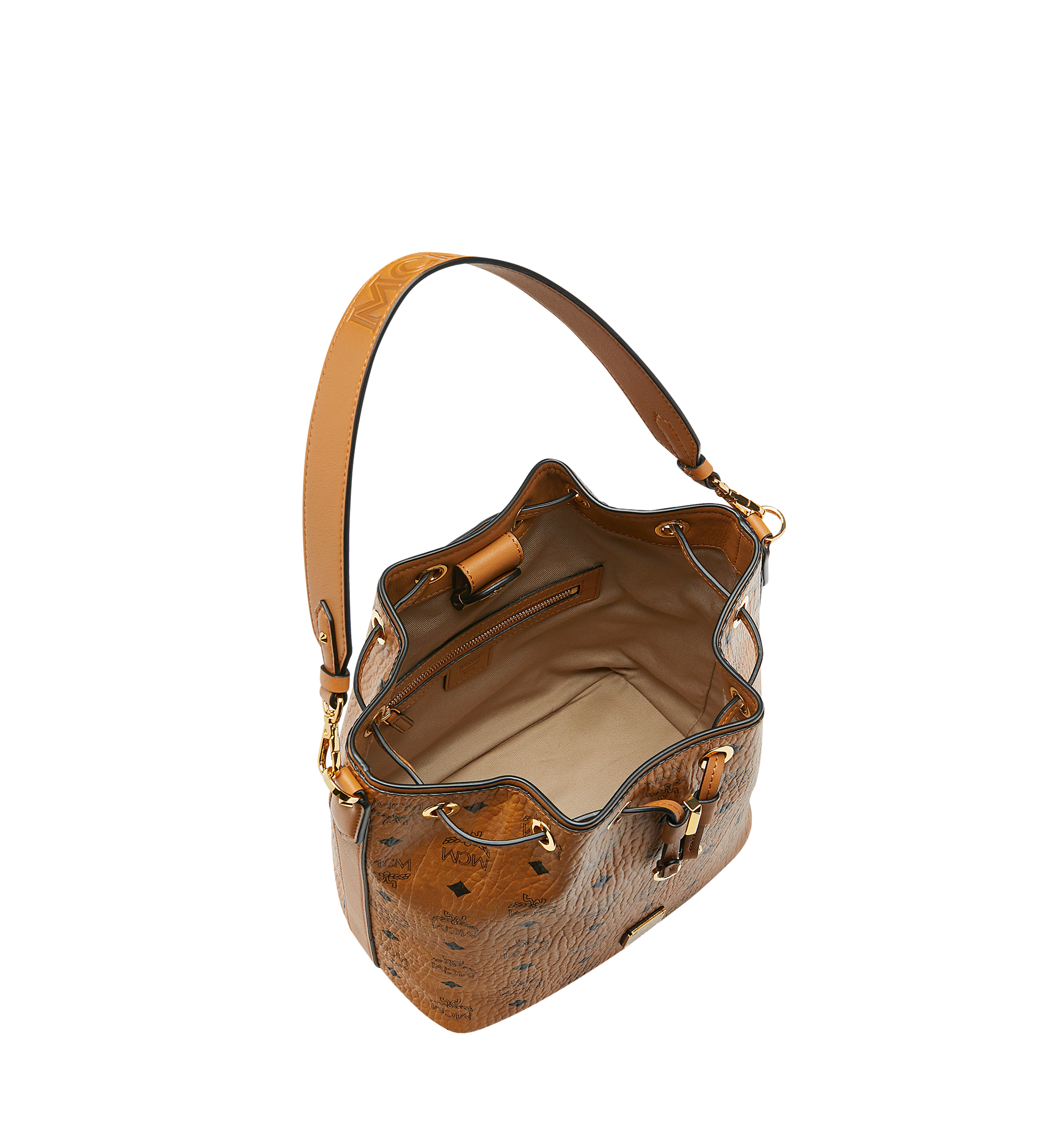 MCM Visetos Essential Drawstring Bucket Bag Cognac 749752