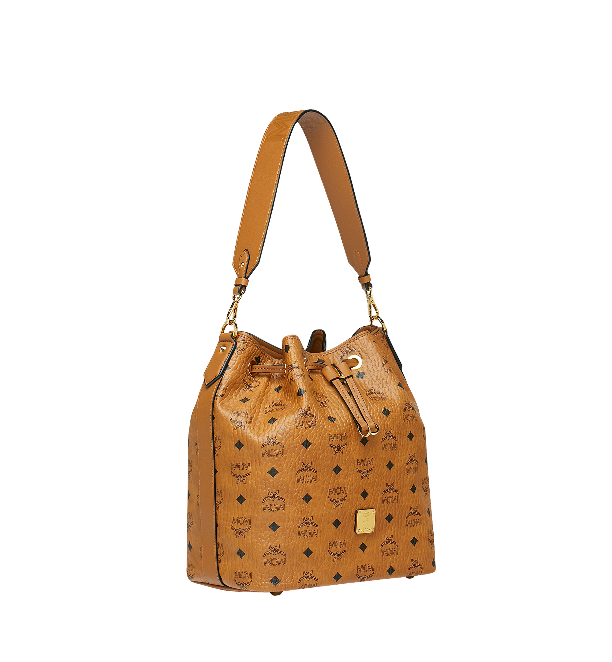 mcm gold visetos drawstring medium cognac