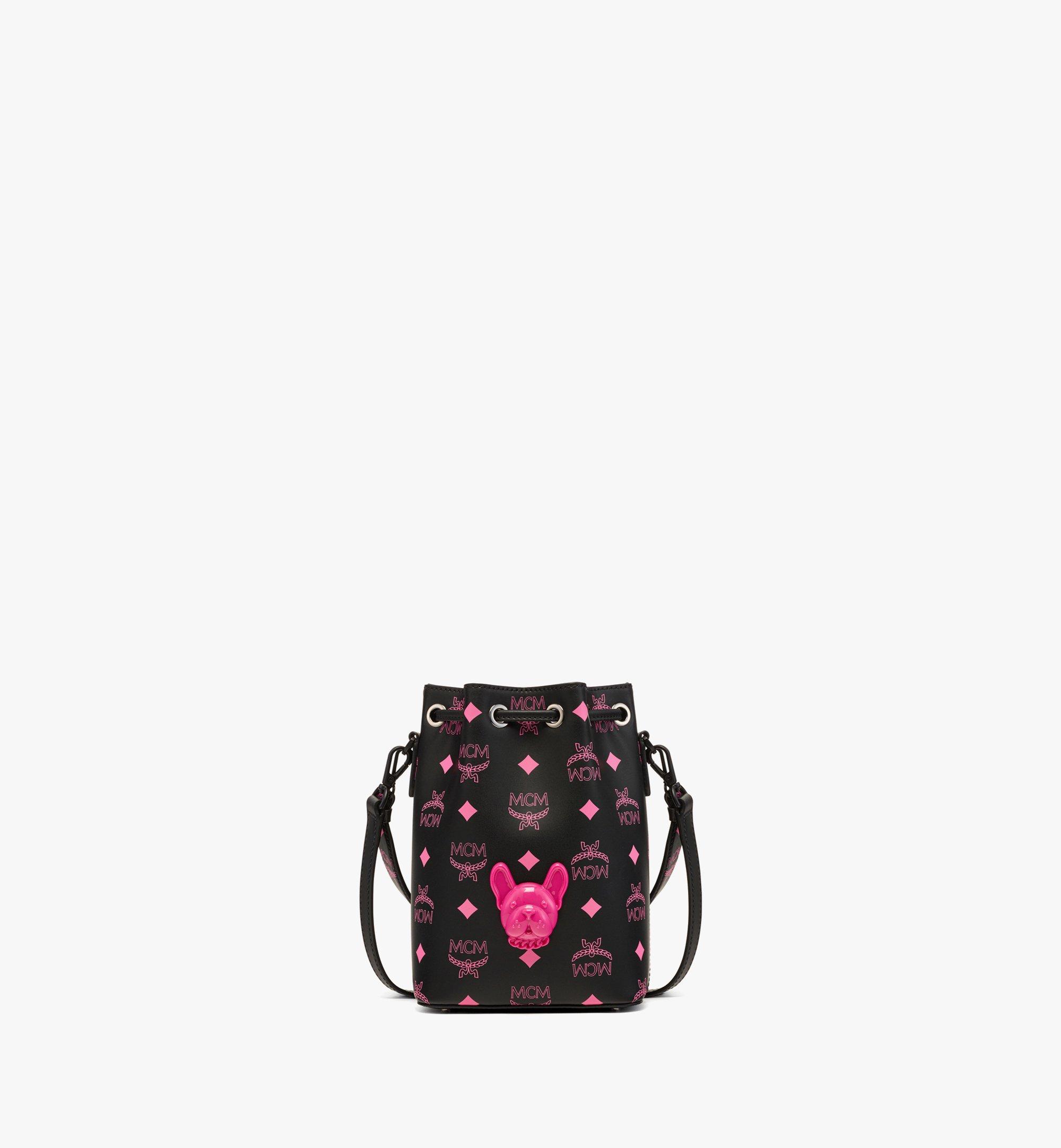 MCM Logo Print Visetos Draw String Bucket Bag In Pink - Large