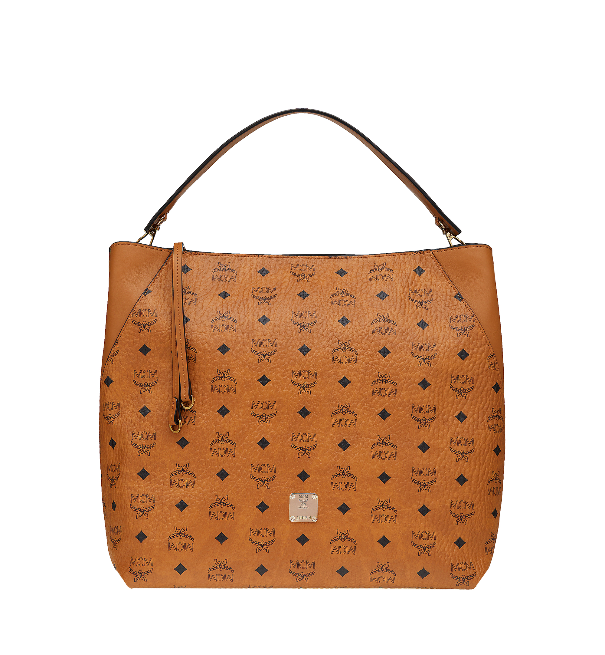 Mcm Large Klara Visetos Coated Canvas Hobo In Cognac