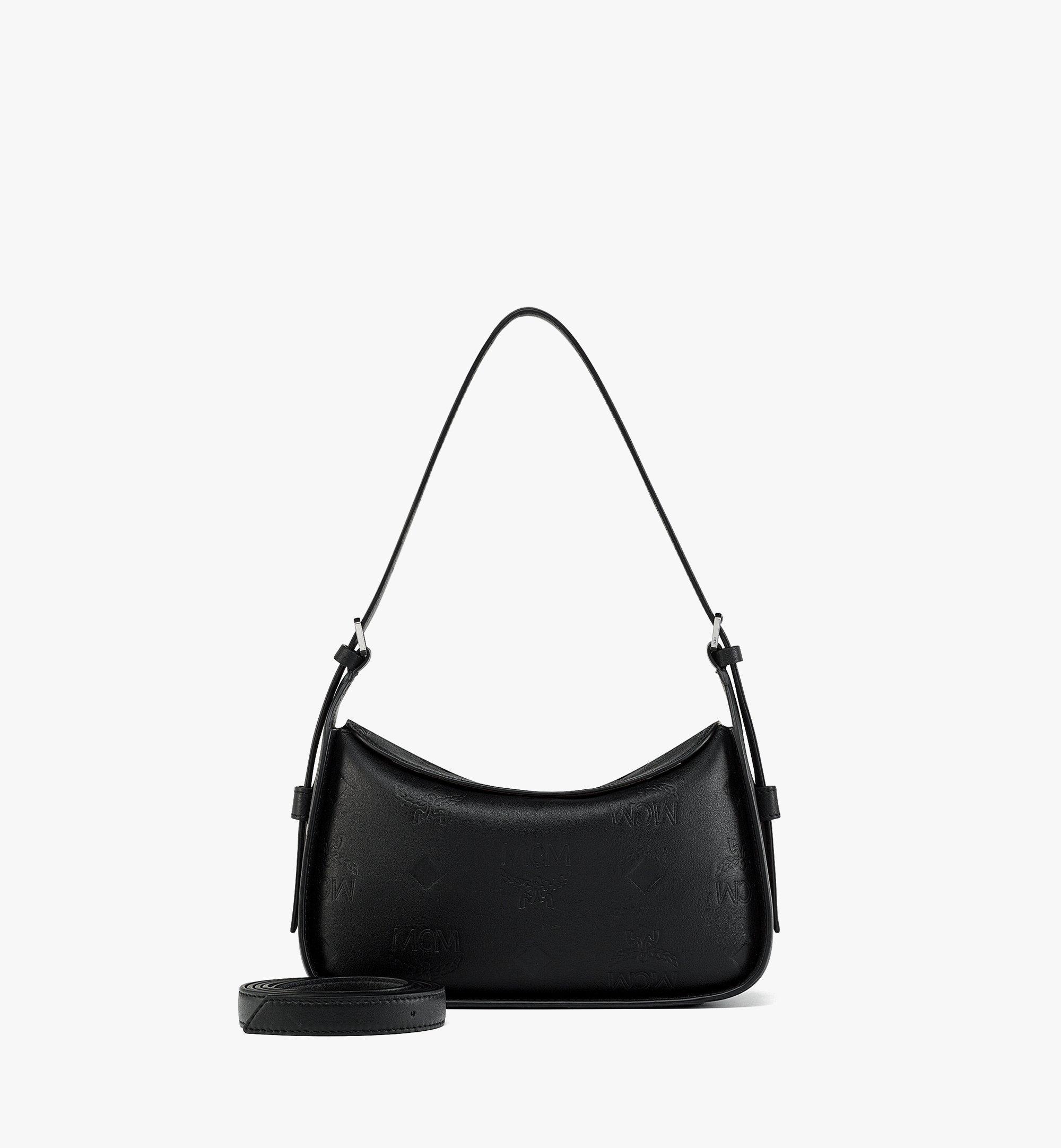 Small Aren Flap Hobo Bag in Embossed Monogram Leather Black