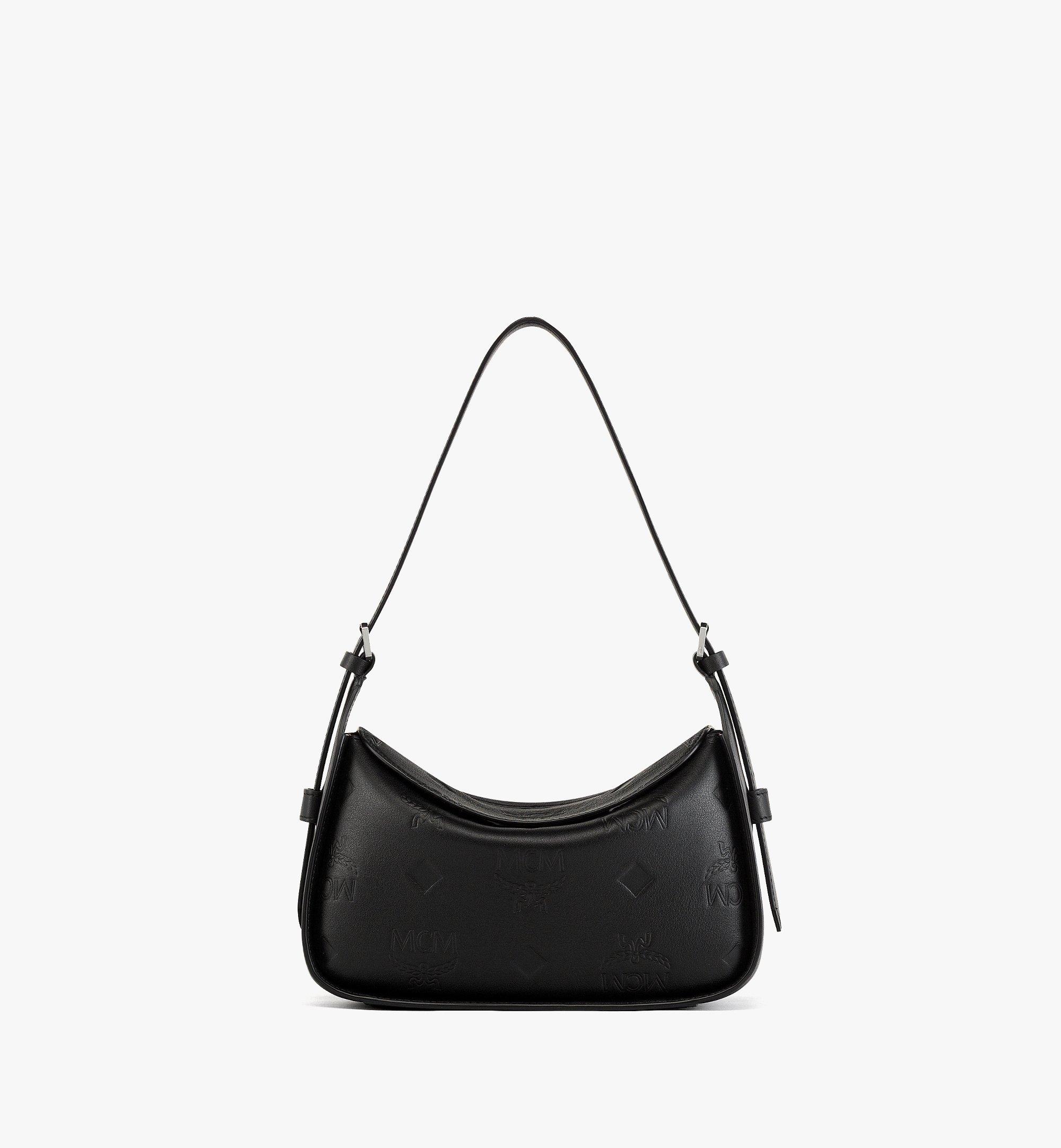 Small Aren Flap Hobo Bag in Embossed Monogram Leather Black