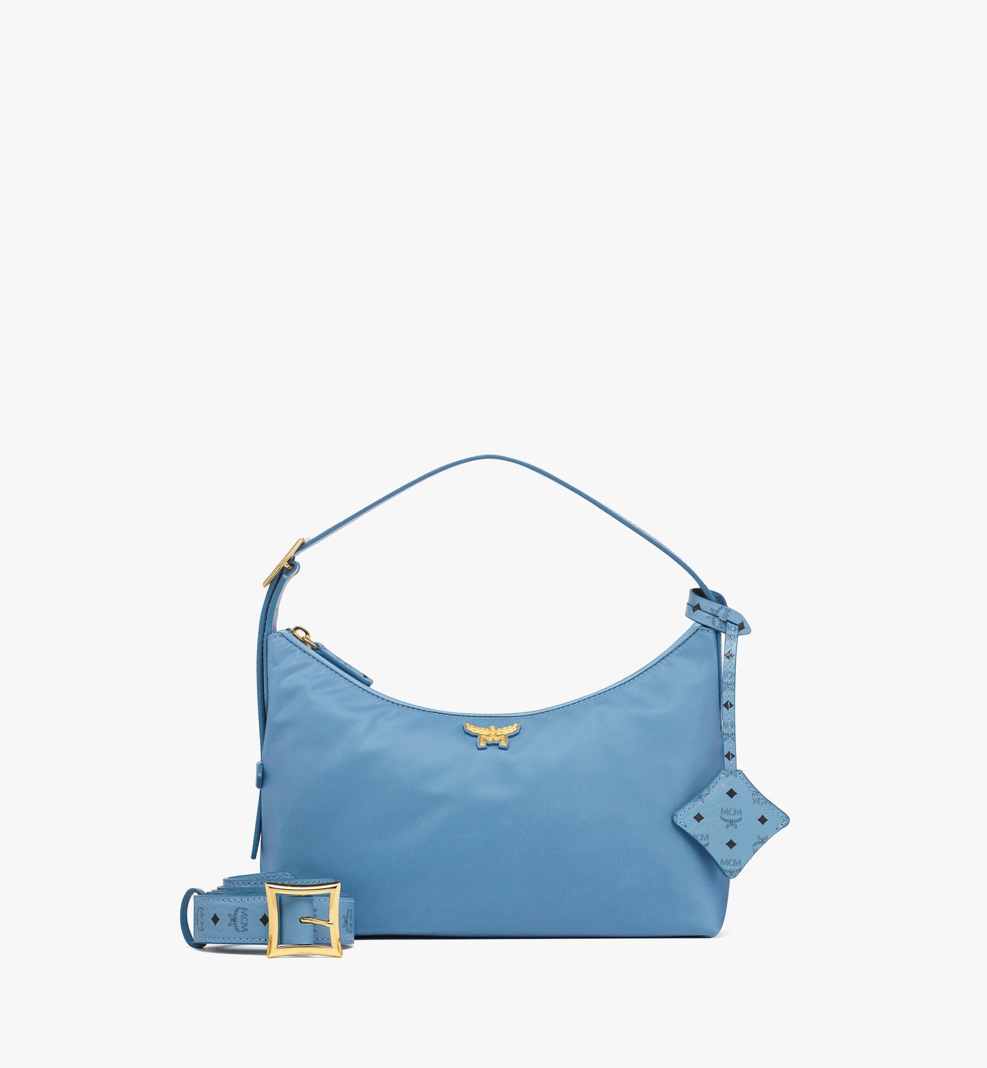 MCM Aren Hobo in Recycled Nylon and Monogram Print Leather Blue MWHFSTA09E4001 Alternate View 1