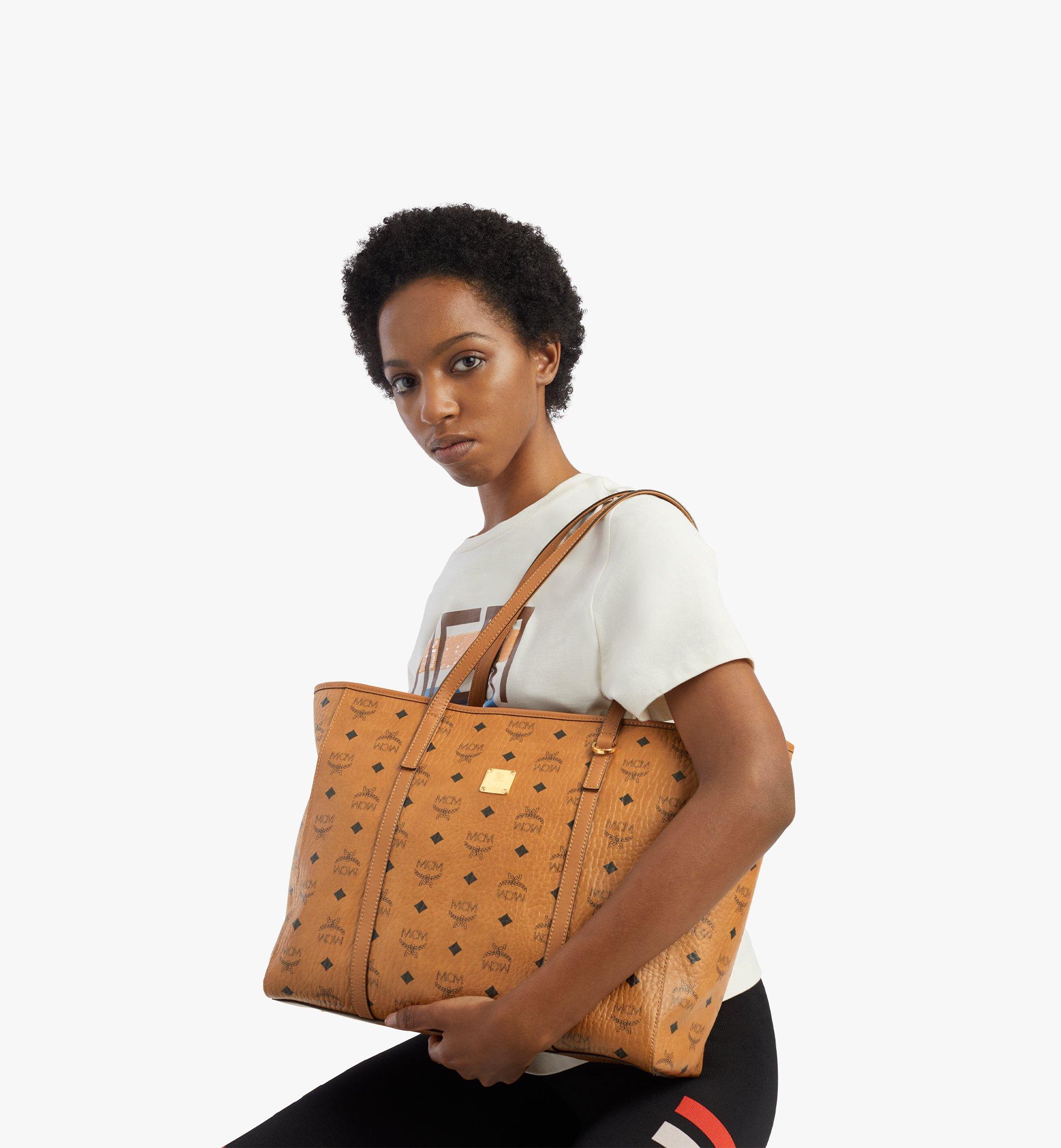 MCM Women's Cognac Brown Monogram Medium Shopper Tote Bag