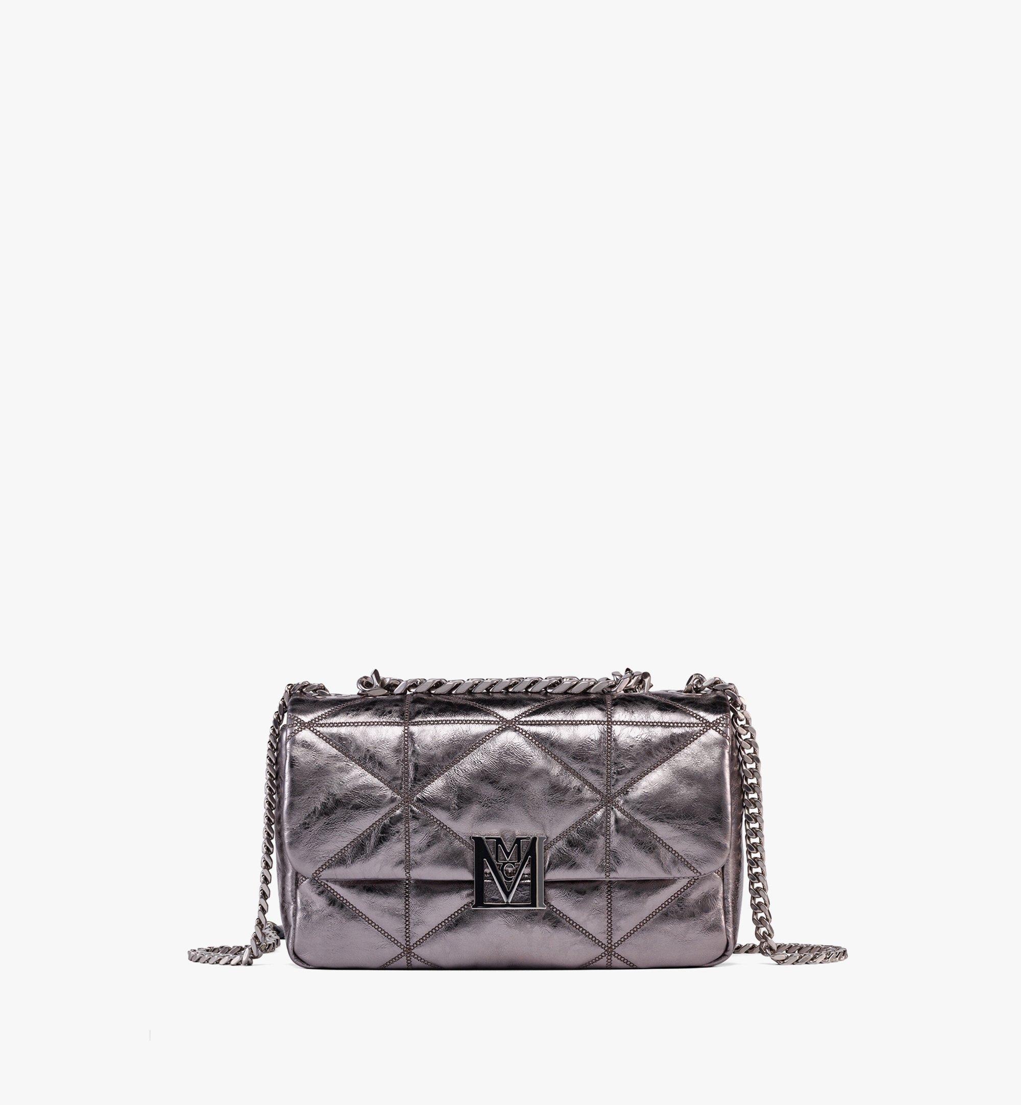Mcm Travia Quilted Shoulder Bag in Crushed Calf Leather Silver Leather
