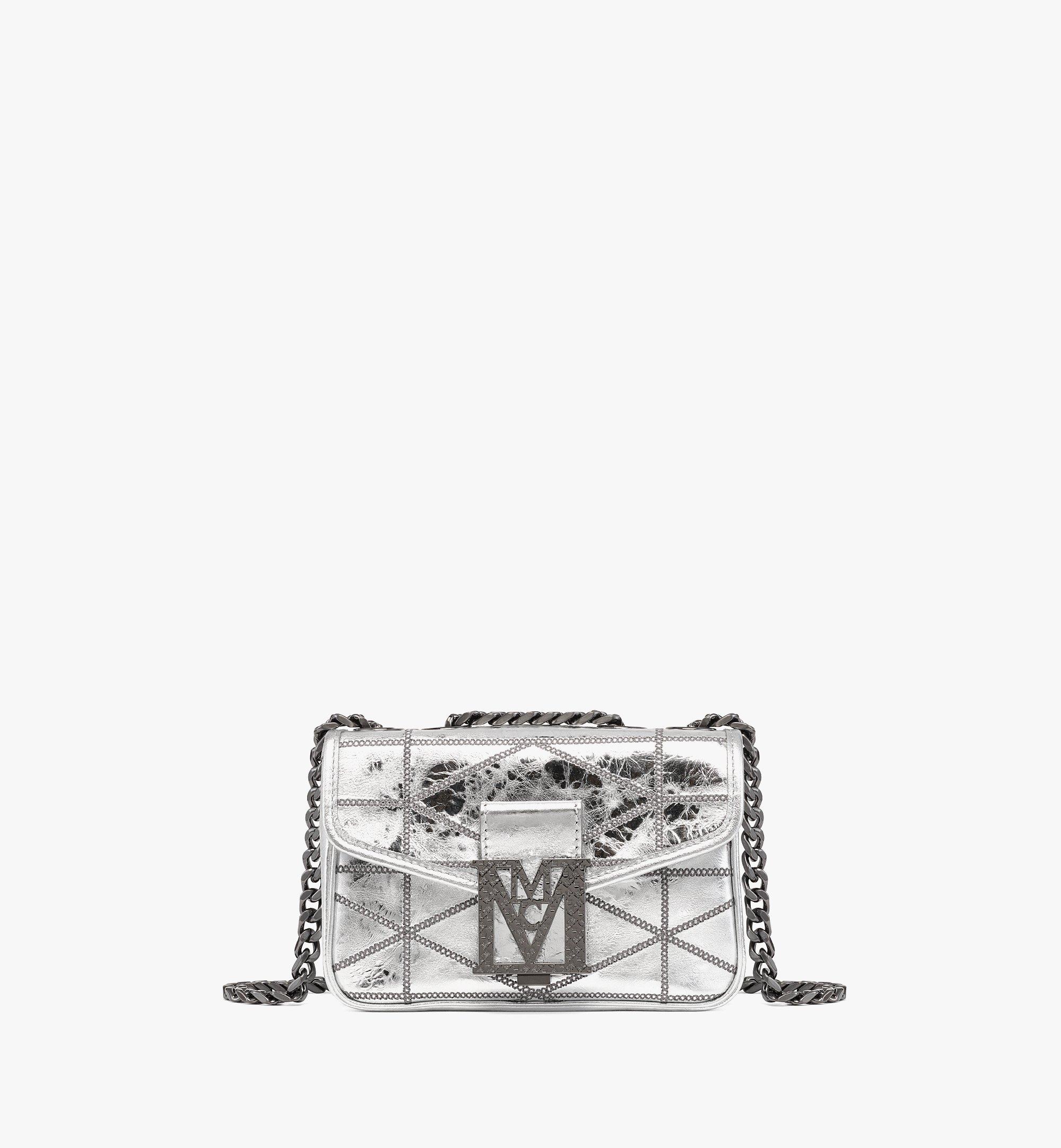 Mini Travia Quilted Shoulder Bag in Crash Calf Leather Silver 